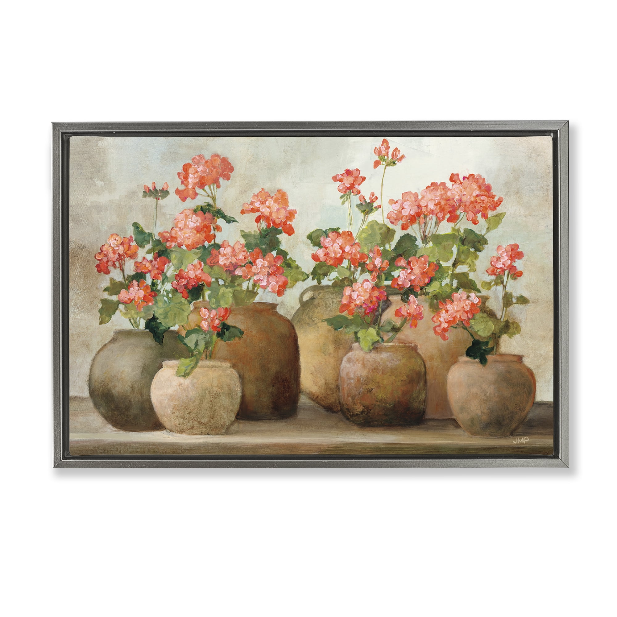 Stupell Industries Pink Cottage Geraniums Botanical & Floral Painting Gray Floater Framed Art Print Wall Art, 31 x 21