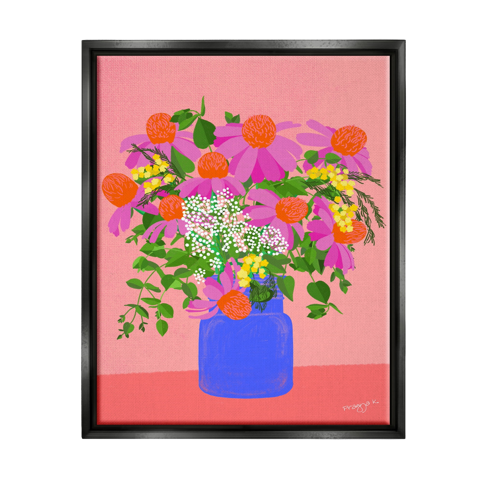 Stupell Industries Pink Country Daisies Botanical & Floral Painting Black Floater Framed Canvas Art Print Wall Art, 25 x 31