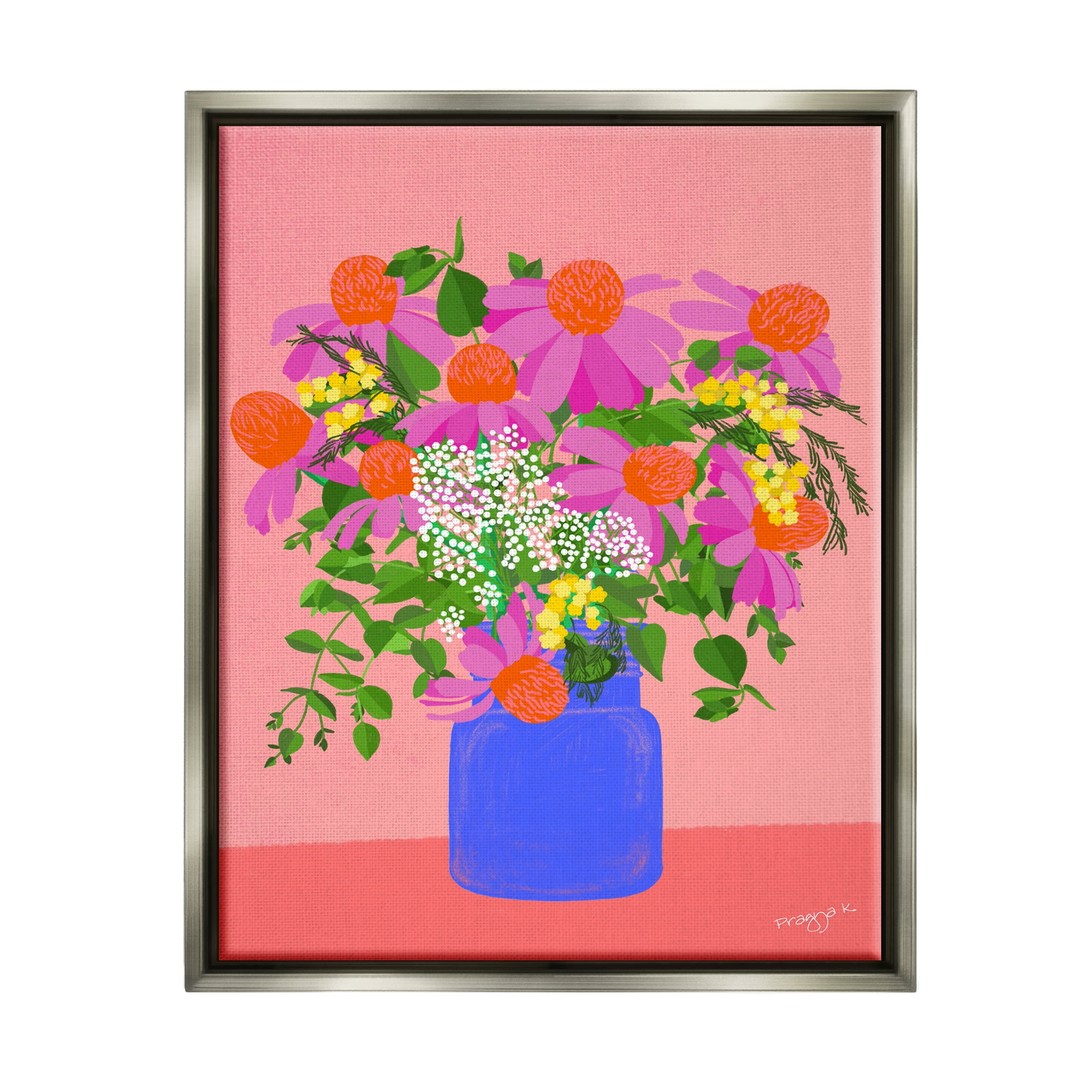 Stupell Industries Pink Country Daisies Botanical & Floral Painting Gray Floater Framed Canvas Art Print Wall Art, 17 x 21