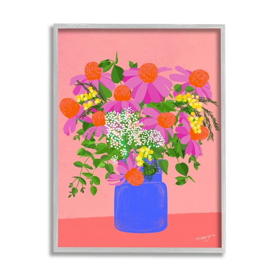 Stupell Industries Pink Country Daisies Botanical & Floral Painting Gray Framed Art Print Wall Art, 11 x 14