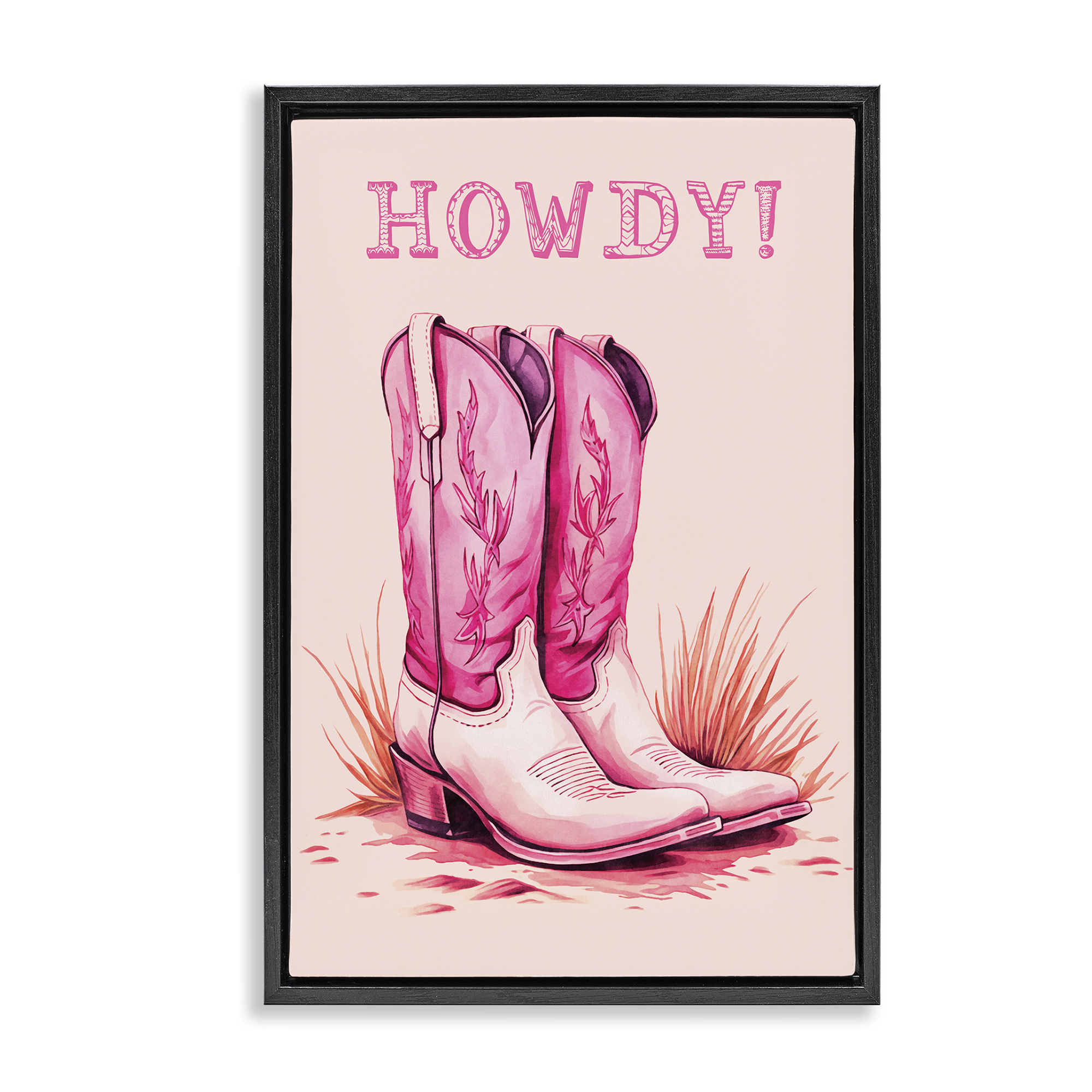 Stupell Industries Pink Cowgirl Boots Howdy Fashion Painting Black Floater Framed Canvas Art Print Wall Art, 21 x 31