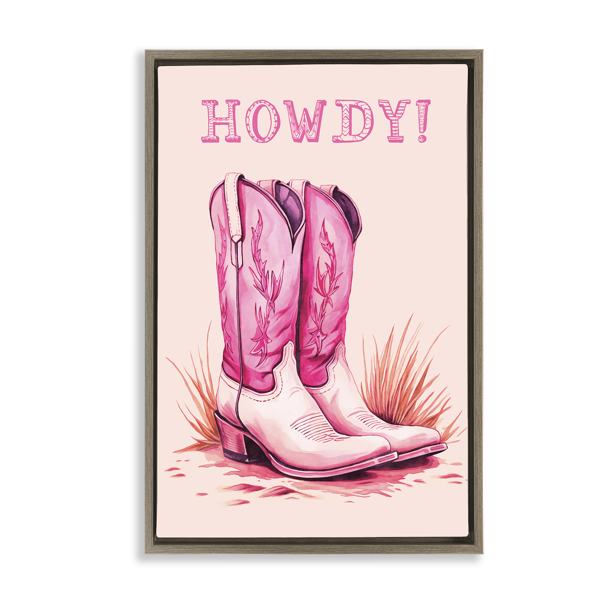 Stupell Industries Pink Cowgirl Boots Howdy Fashion Painting Brown Floater Framed Canvas Art Print Wall Art, 17 x 25