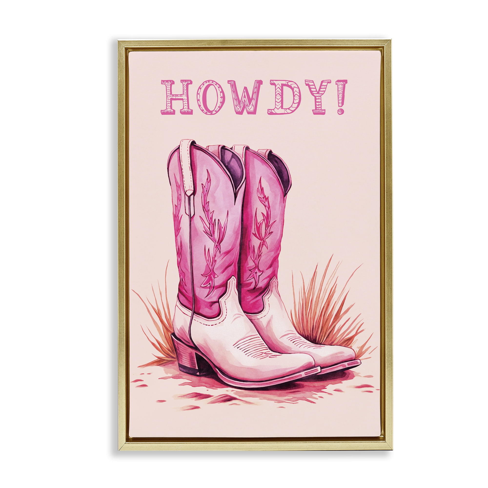 Stupell Industries Pink Cowgirl Boots Howdy Fashion Painting Gold Floater Framed Canvas Art Print Wall Art, 17 x 25