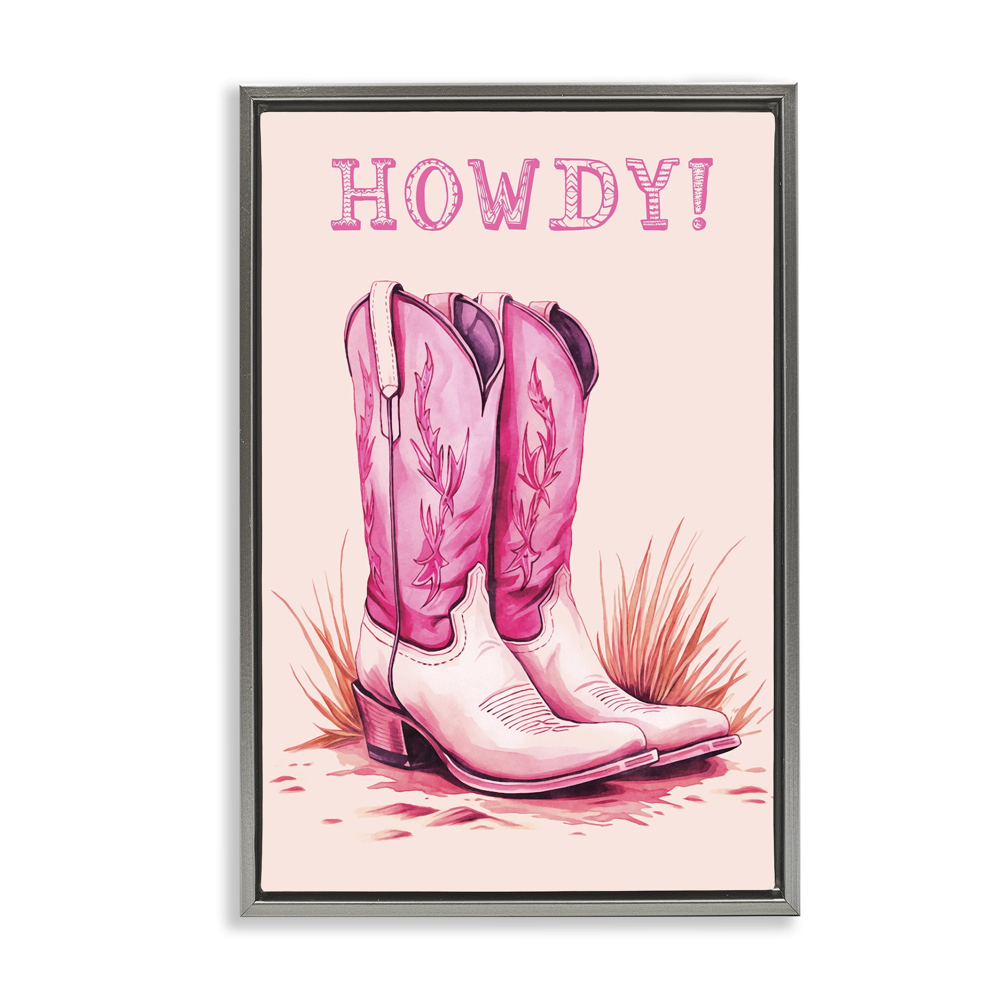 Stupell Industries Pink Cowgirl Boots Howdy Fashion Painting Gray Floater Framed Canvas Art Print Wall Art, 21 x 31