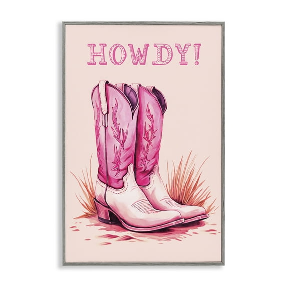 Stupell Industries Pink Cowgirl Boots Howdy Fashion Painting Gray Framed Art Print Wall Art, 12 x 18
