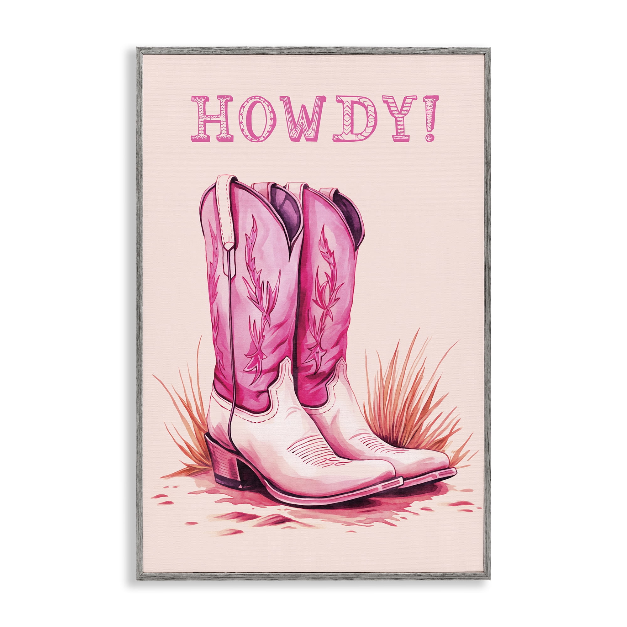 Stupell Industries Pink Cowgirl Boots Howdy Fashion Painting Gray Framed Art Print Wall Art, 16 x 24