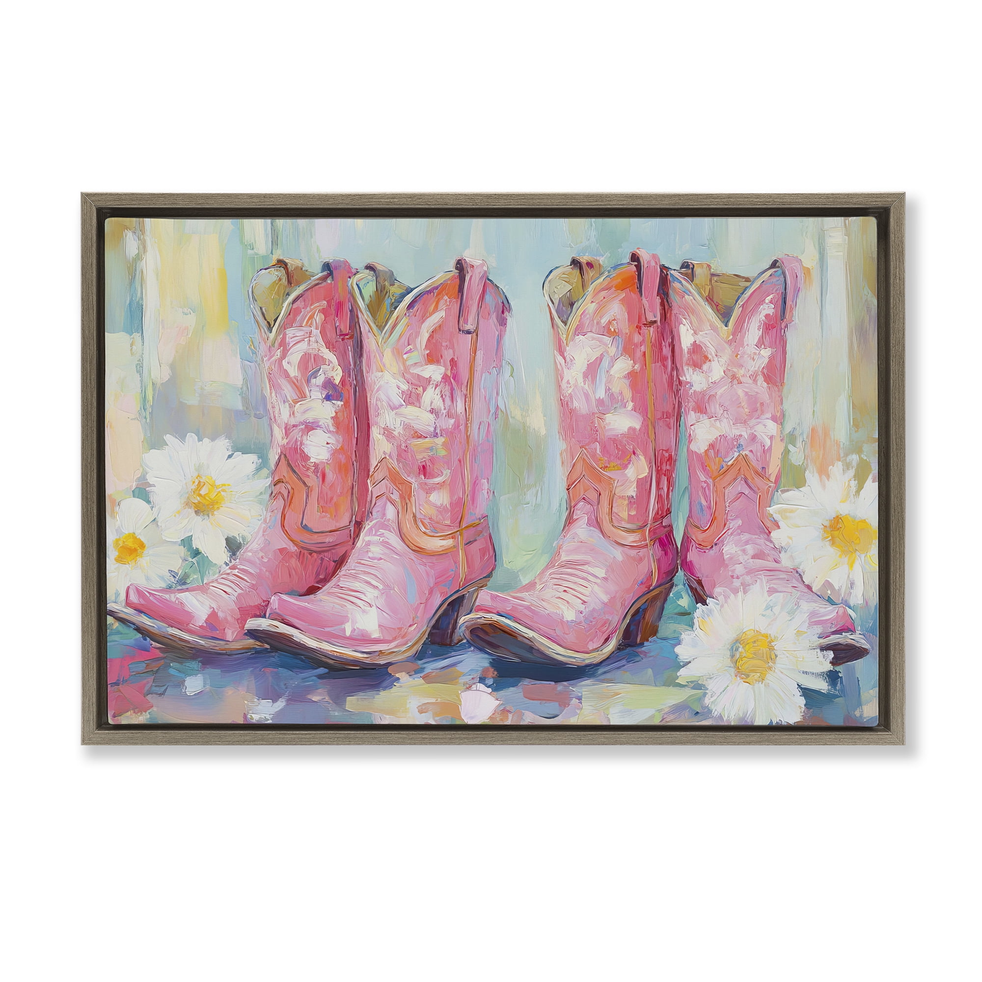Stupell Industries Pink Cowgirl Boots Pairs Brown Framed Floater Canvas Wall Art, design by Tina LeCour