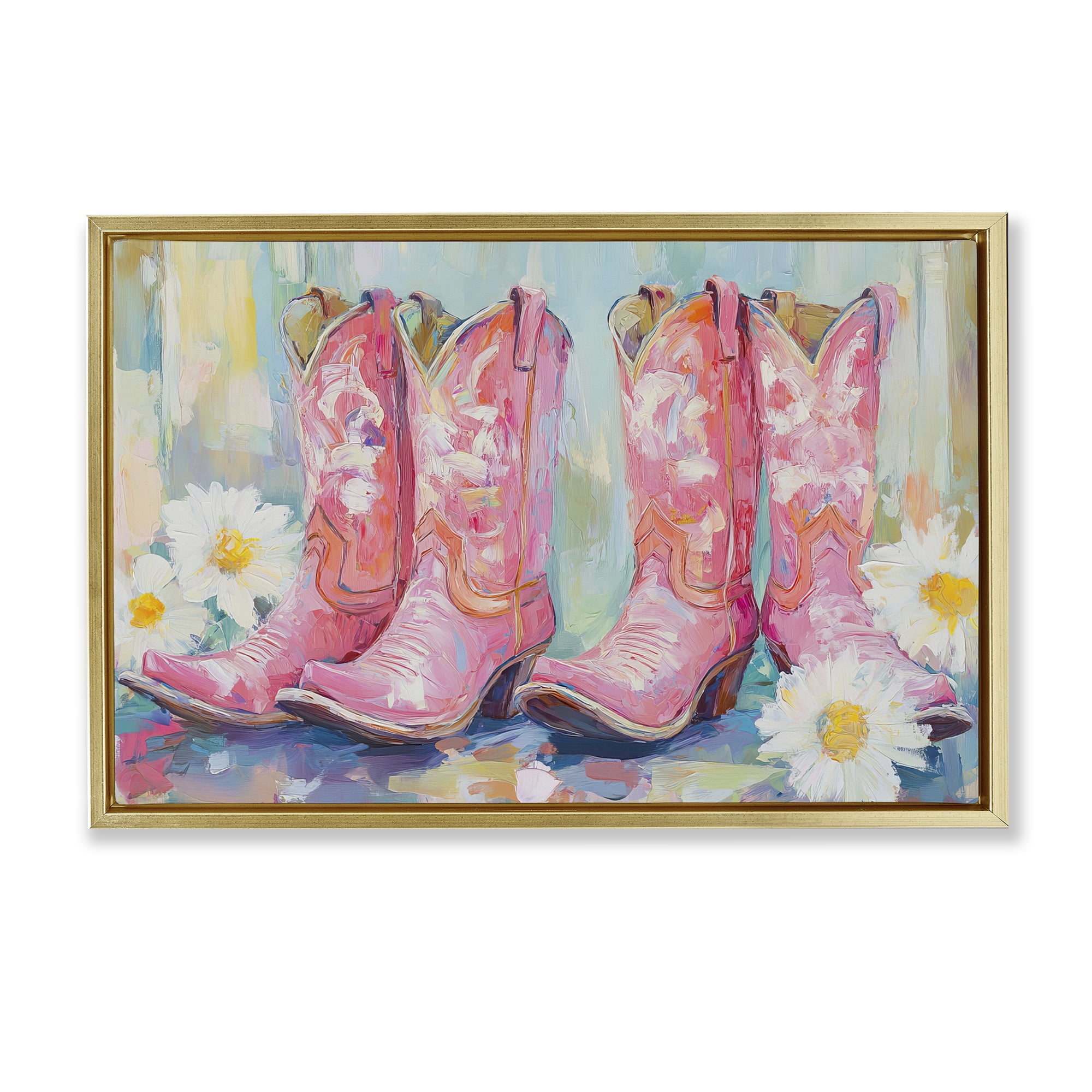 Stupell Industries Pink Cowgirl Boots Pairs Gold Framed Floater Canvas Wall Art, design by Tina LeCour