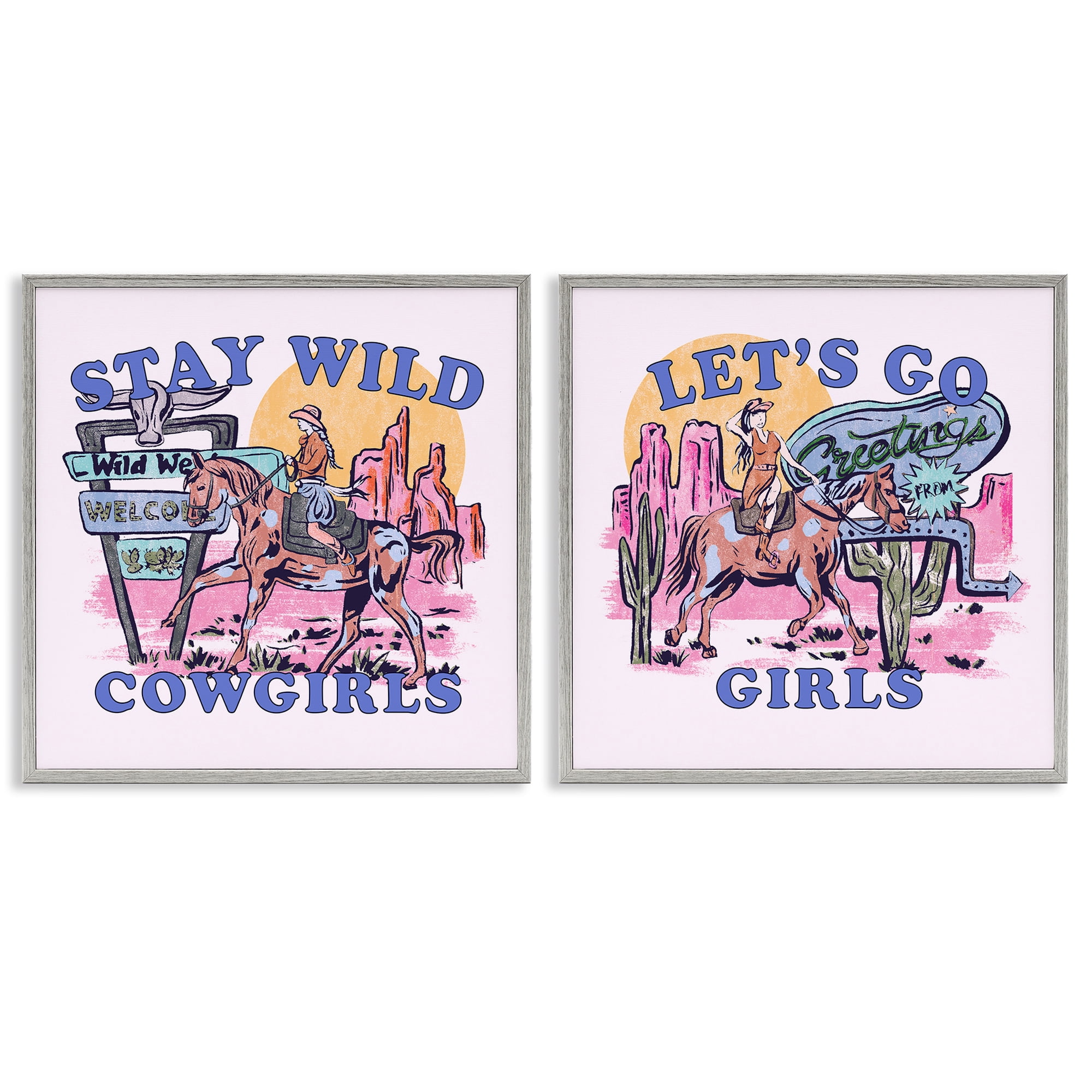 Stupell Industries Pink Cowgirl Phrases Entertainment Painting Gray Framed Art Print Wall Art, 24 x 24, Set of 2