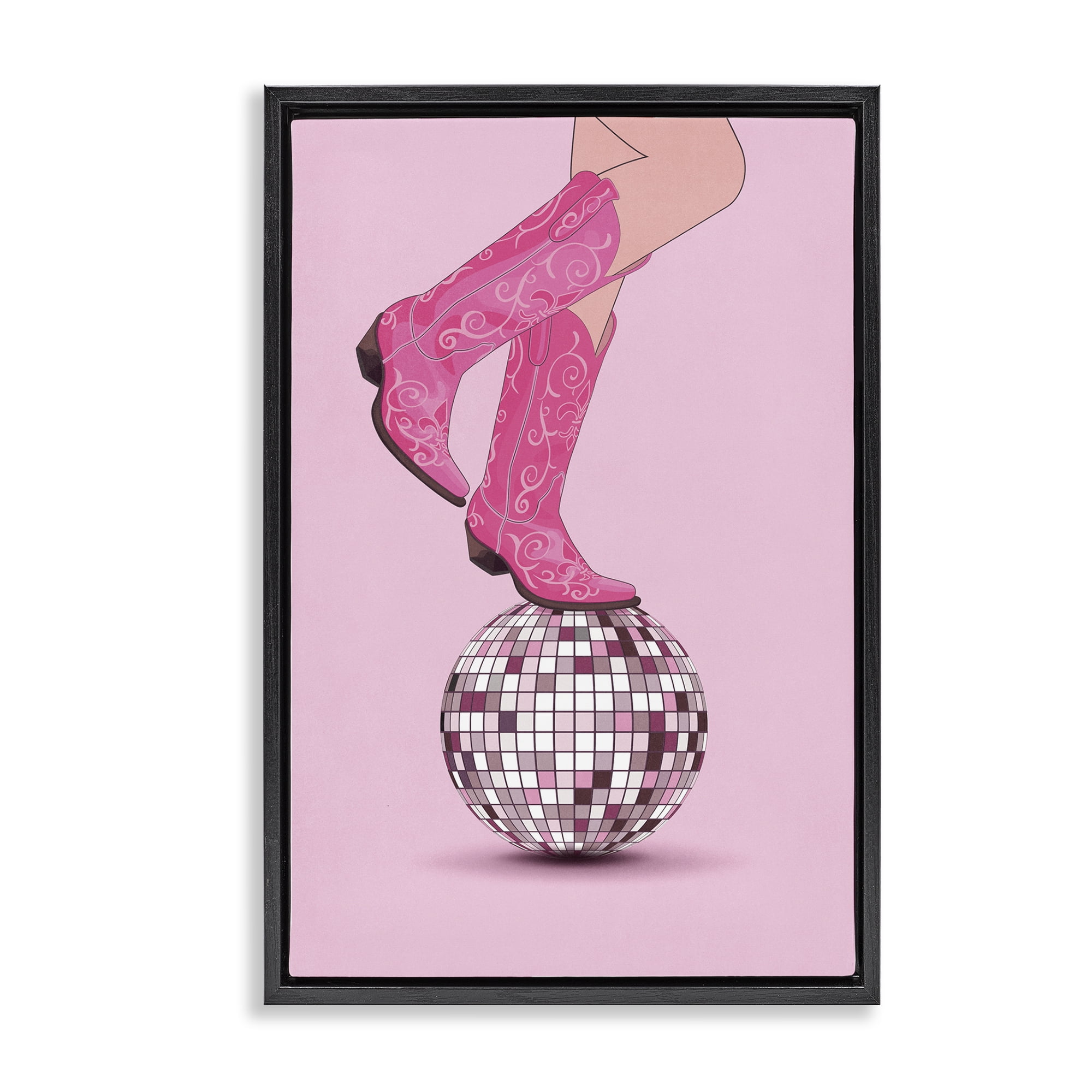 Stupell Industries Pink Cowgirl on Disco Ball People Painting Black Floater Framed Canvas Art Print Wall Art, 21 x 31