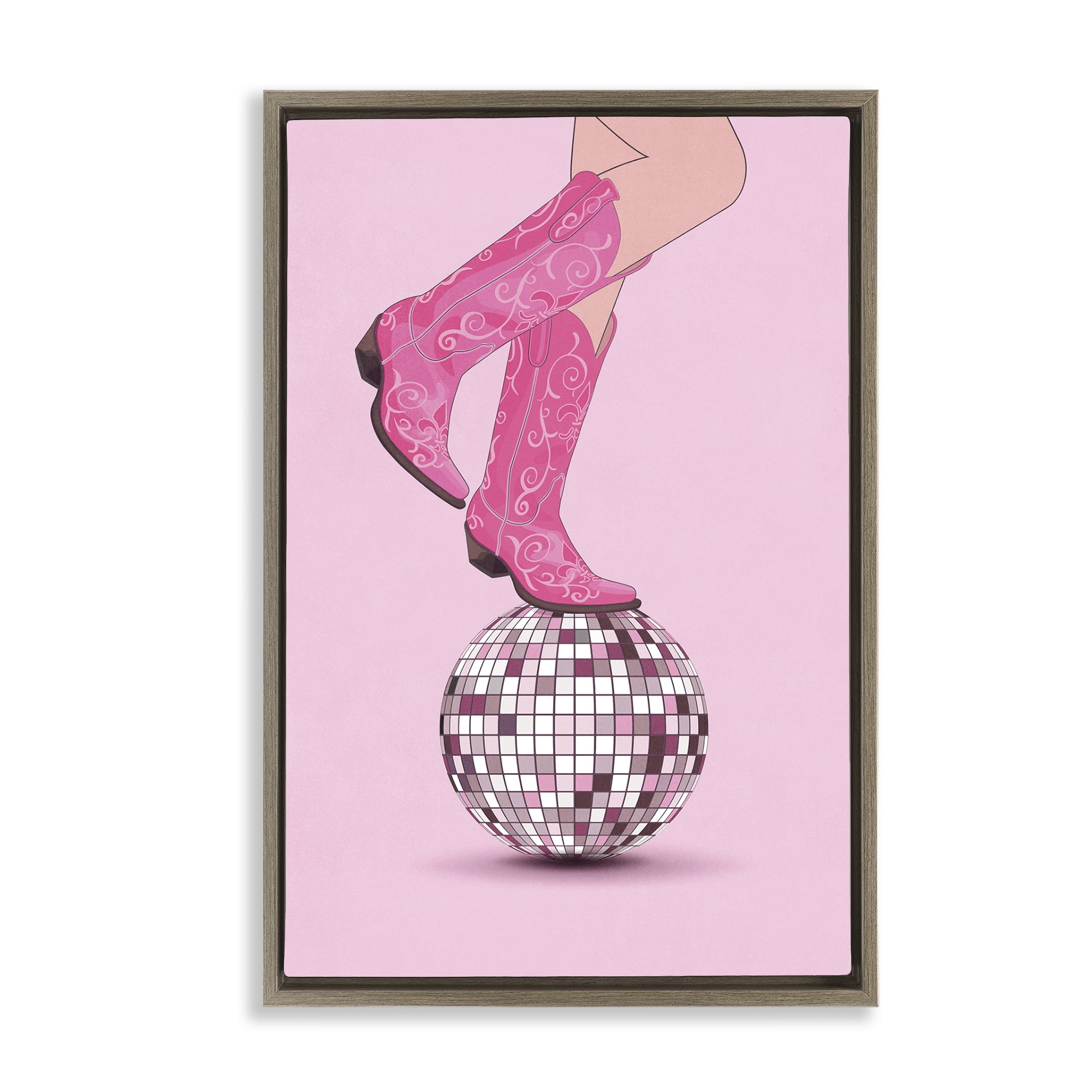 Stupell Industries Pink Cowgirl on Disco Ball People Painting Brown Floater Framed Canvas Art Print Wall Art, 21 x 31