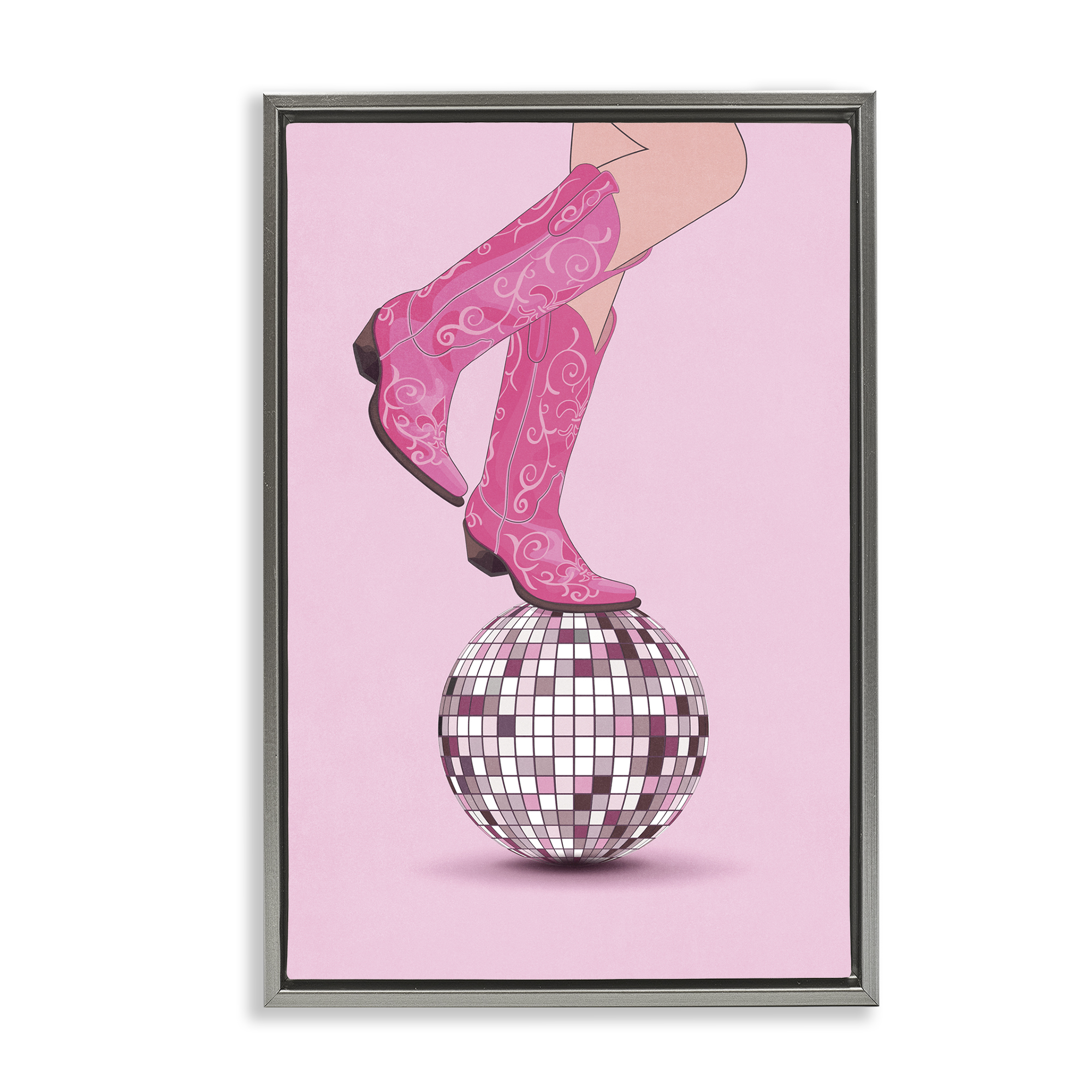 Stupell Industries Pink Cowgirl on Disco Ball People Painting Gray Floater Framed Canvas Art Print Wall Art, 21 x 31