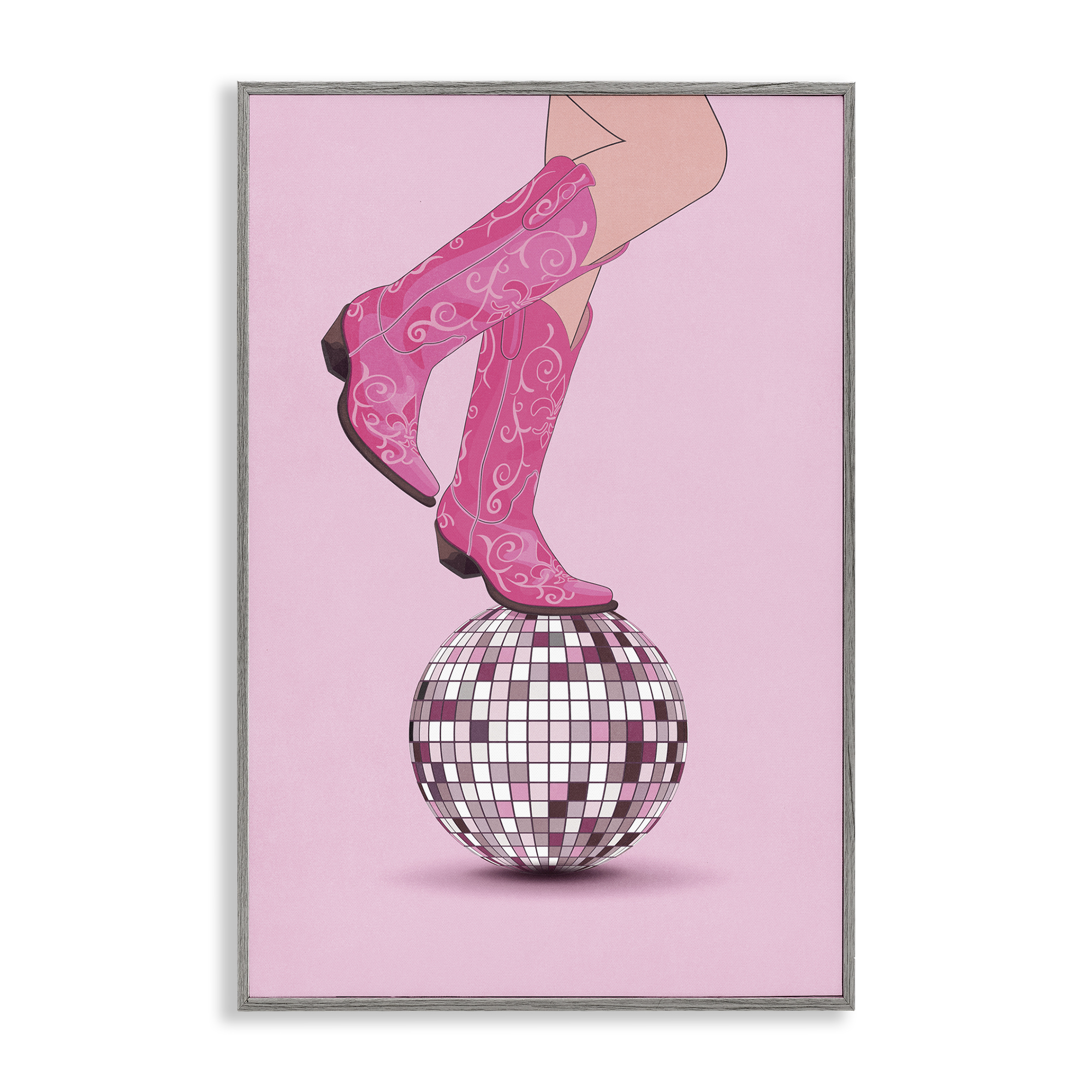 Stupell Industries Pink Cowgirl on Disco Ball People Painting Gray Framed Art Print Wall Art, 12 x 18