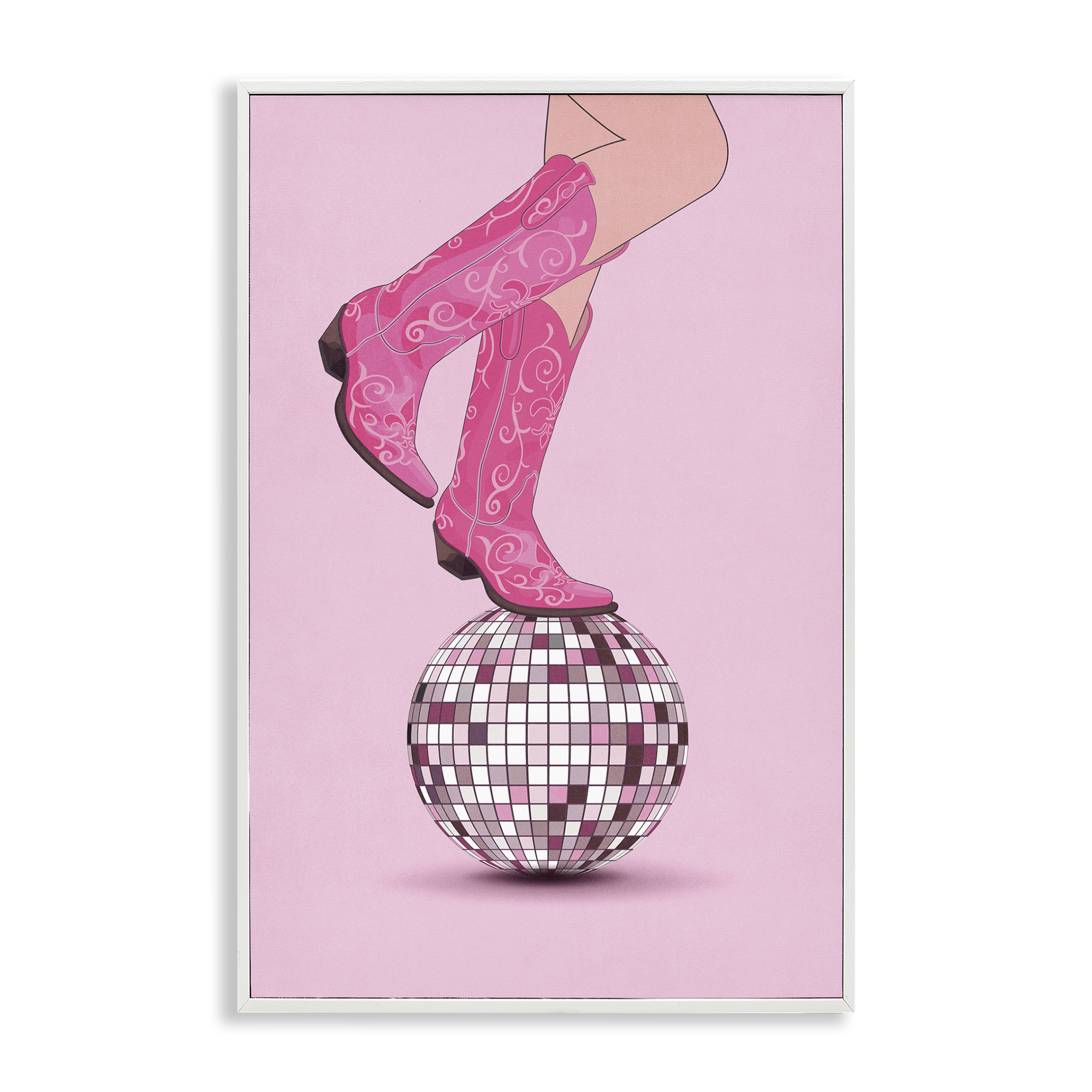 Stupell Industries Pink Cowgirl on Disco Ball People Painting White Framed Art Print Wall Art, 12 x 18
