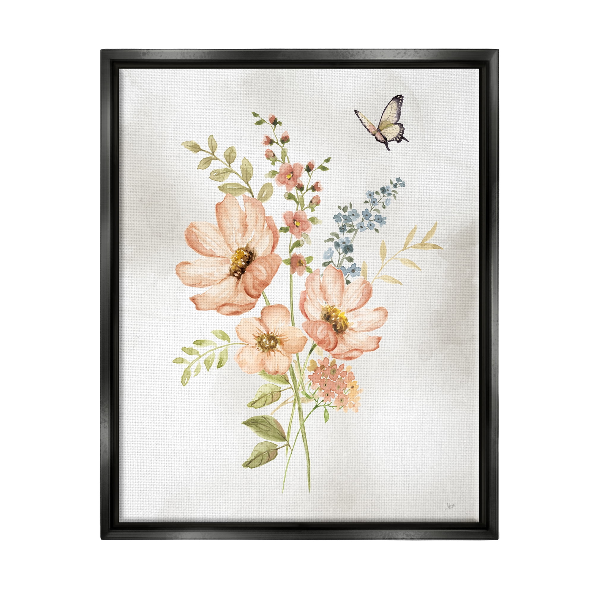 Stupell Industries Pink Daisies & Butterfly Botanical & Floral Painting Black Floater Framed Canvas Art Print Wall Art, 17 x 21