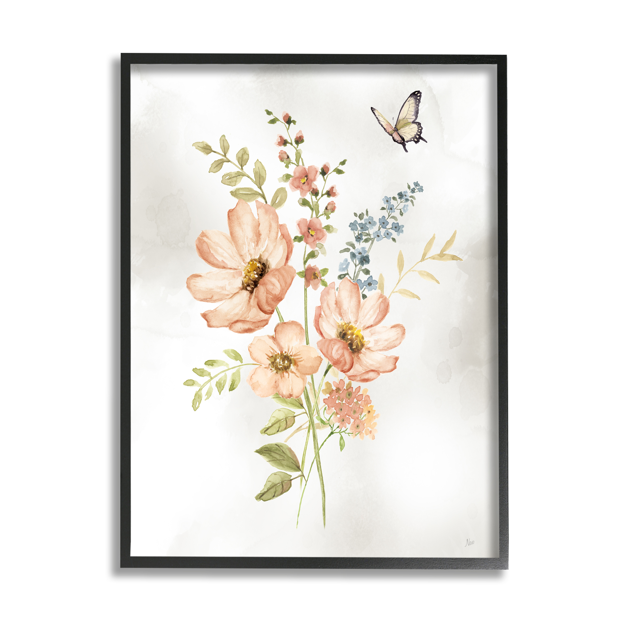 Stupell Industries Pink Daisies & Butterfly Botanical & Floral Painting Black Framed Art Print Wall Art, 11 x 14