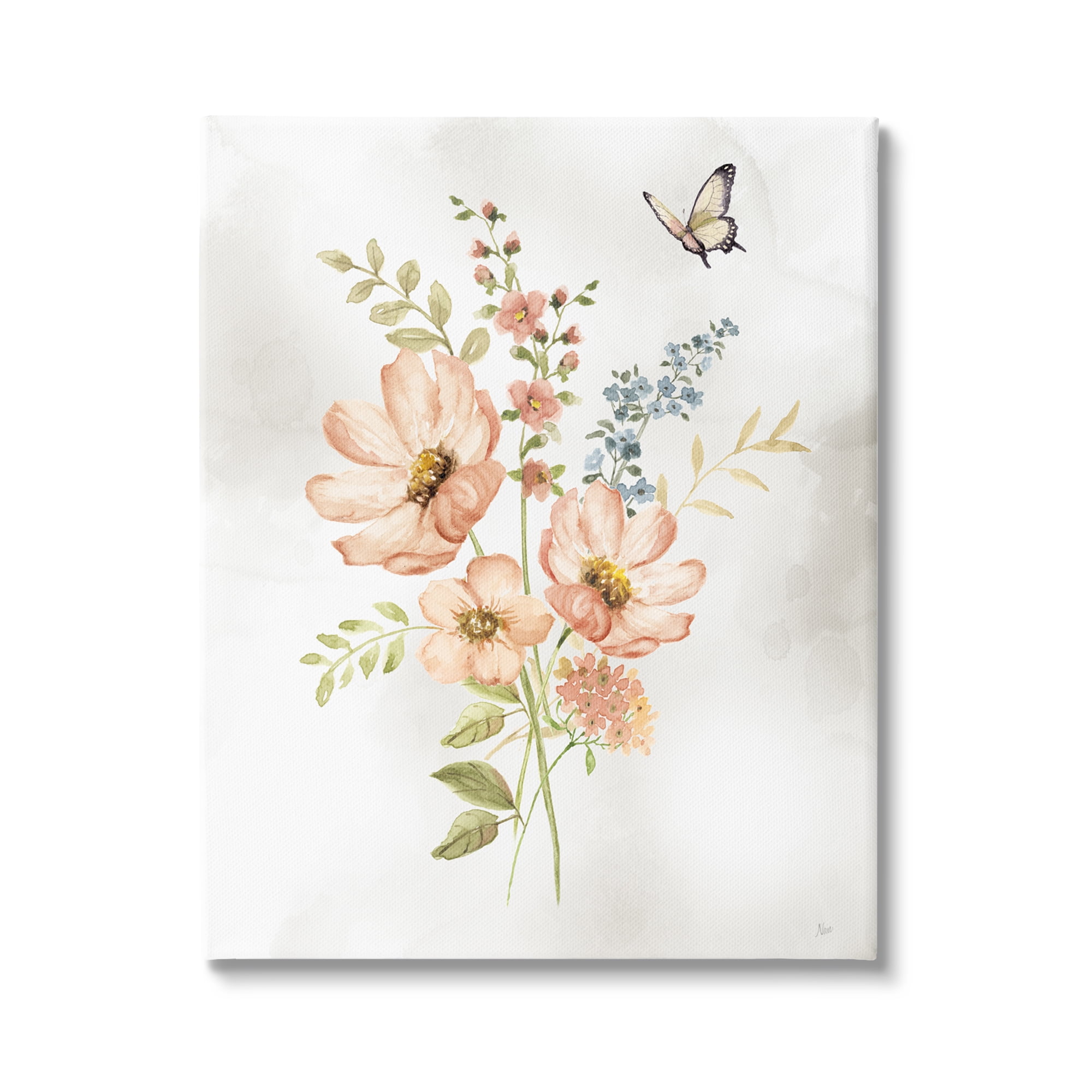 Stupell Industries Pink Daisies & Butterfly Botanical & Floral Painting Gallery Wrapped Canvas Art Print Wall Art, 30 x 40