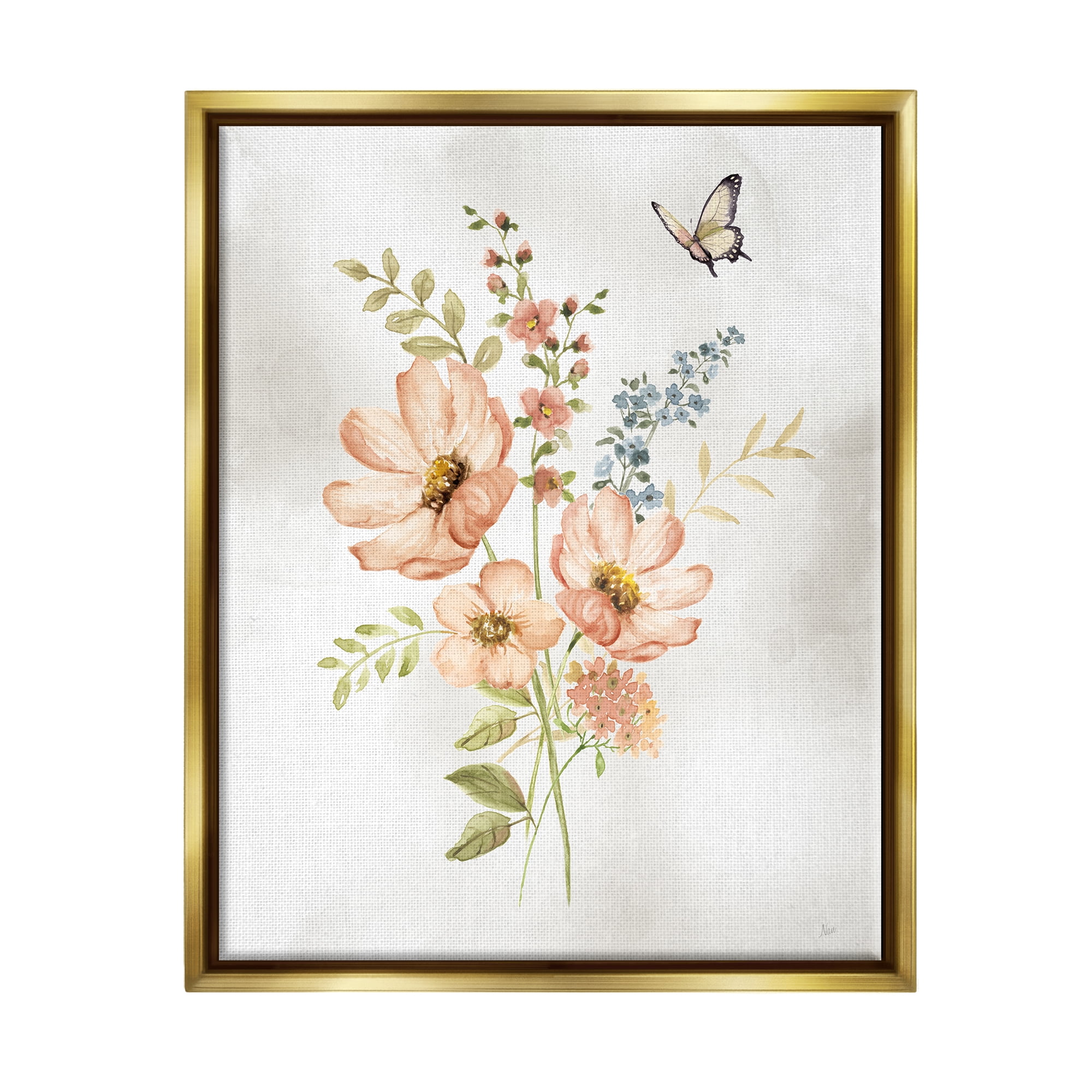 Stupell Industries Pink Daisies & Butterfly Botanical & Floral Painting Gold Floater Framed Canvas Art Print Wall Art, 25 x 31