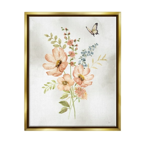 Stupell Industries Pink Daisies & Butterfly Botanical & Floral Painting Gold Floater Framed Canvas Art Print Wall Art, 25 x 31