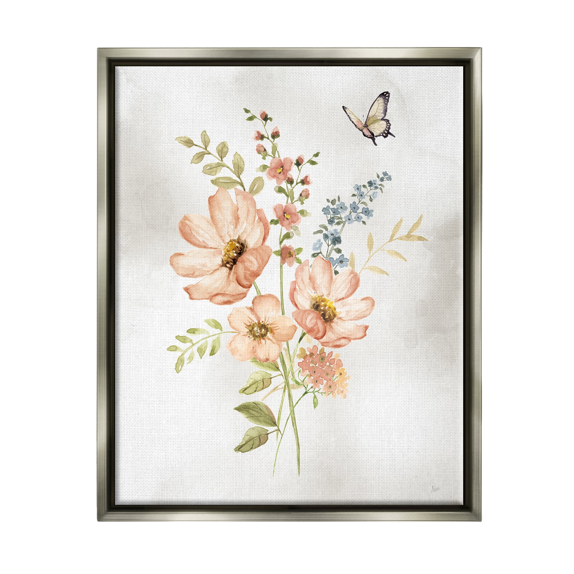 Stupell Industries Pink Daisies & Butterfly Botanical & Floral Painting Gray Floater Framed Canvas Art Print Wall Art, 25 x 31