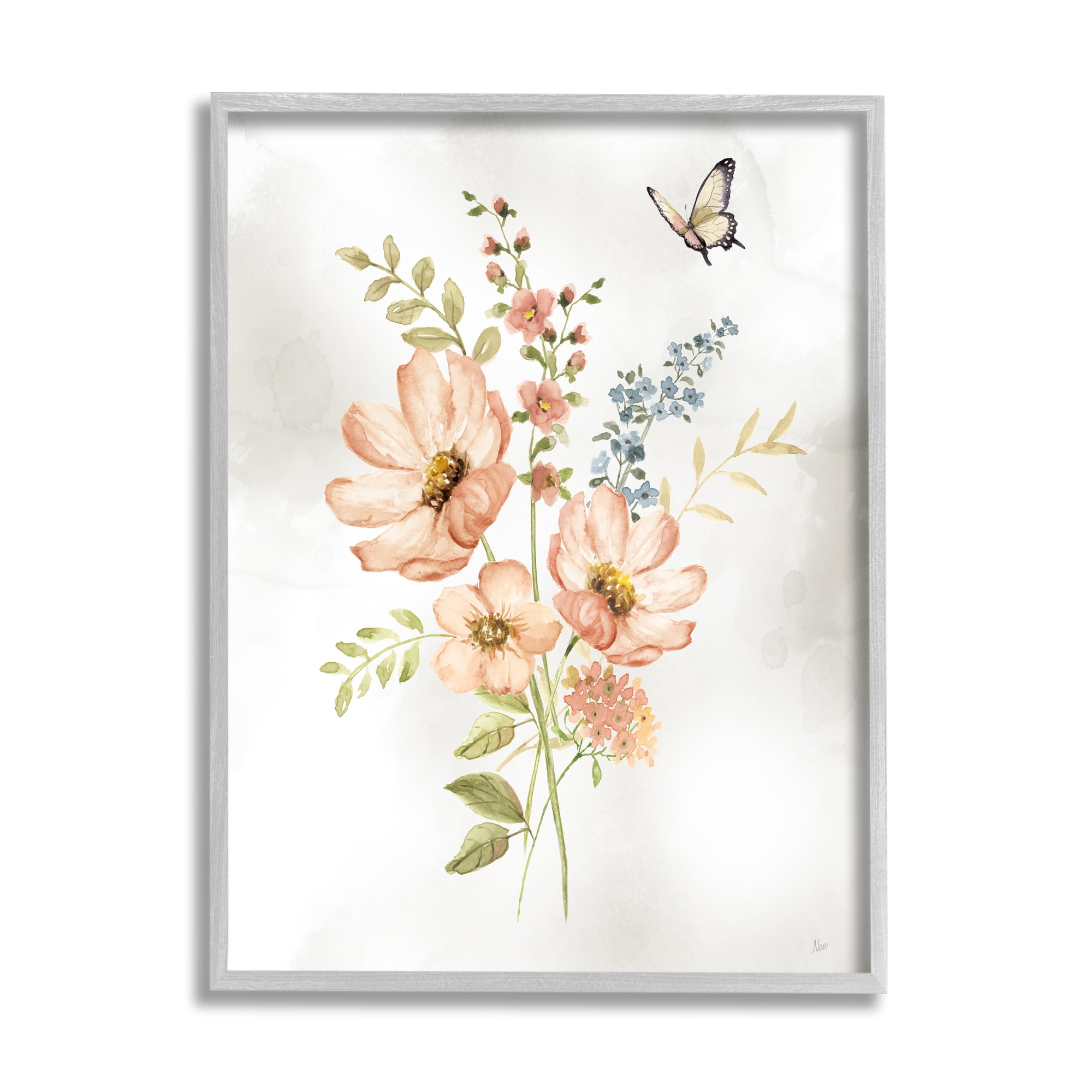 Stupell Industries Pink Daisies & Butterfly Botanical & Floral Painting Gray Framed Art Print Wall Art, 11 x 14