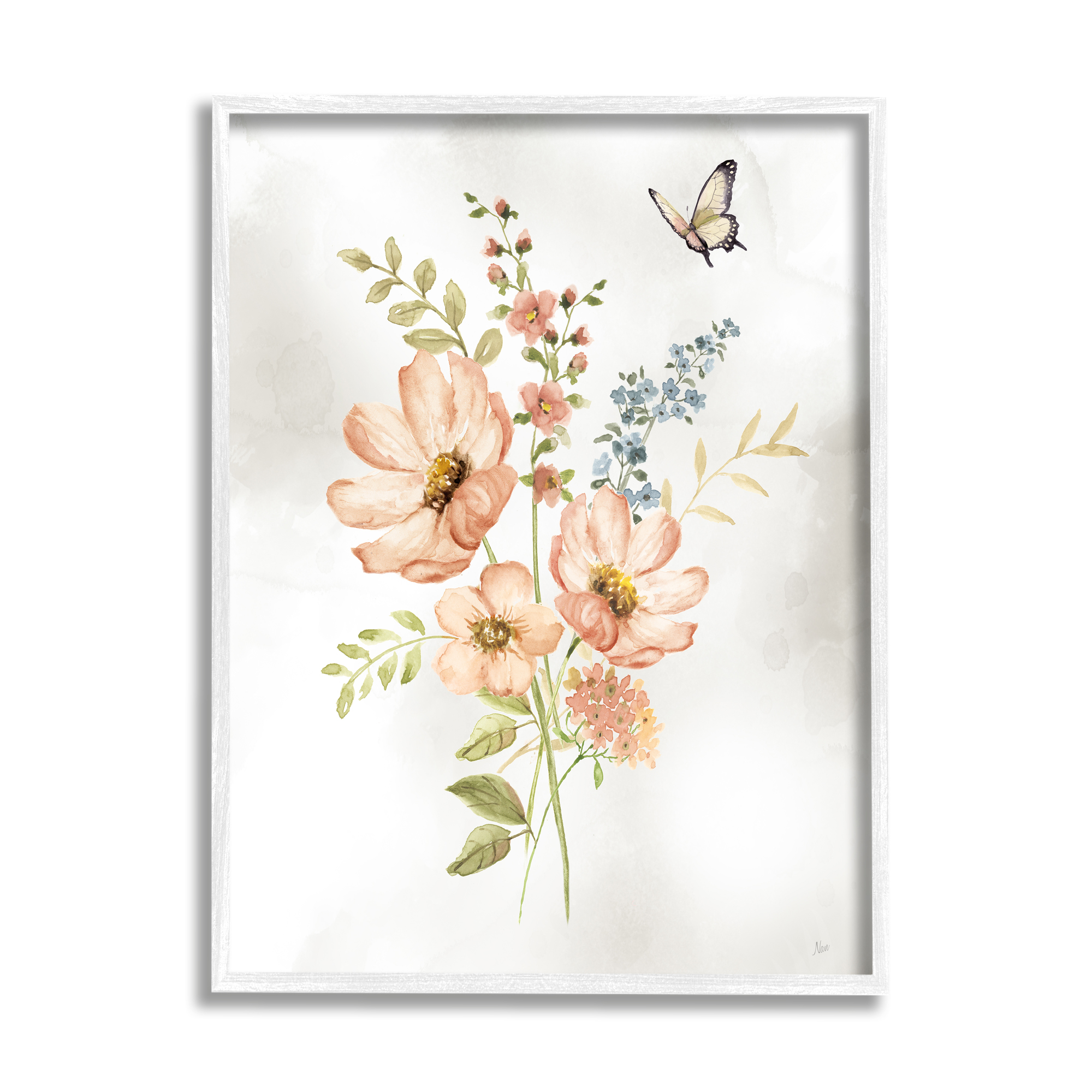 Stupell Industries Pink Daisies & Butterfly Botanical & Floral Painting White Framed Art Print Wall Art, 16 x 20