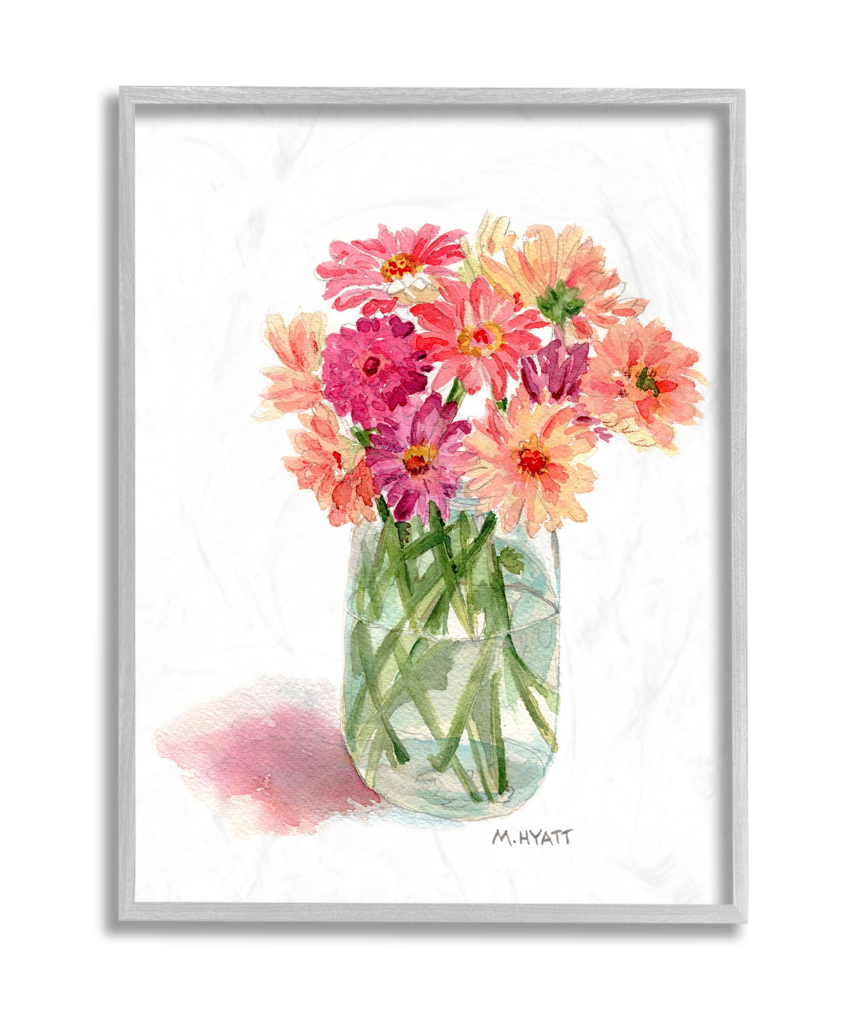 Stupell Industries Pink Daisy Watercolor Bouquet in Canning Jar Grey Framed, 16 x 20, Design by Melissa Hyatt LLC