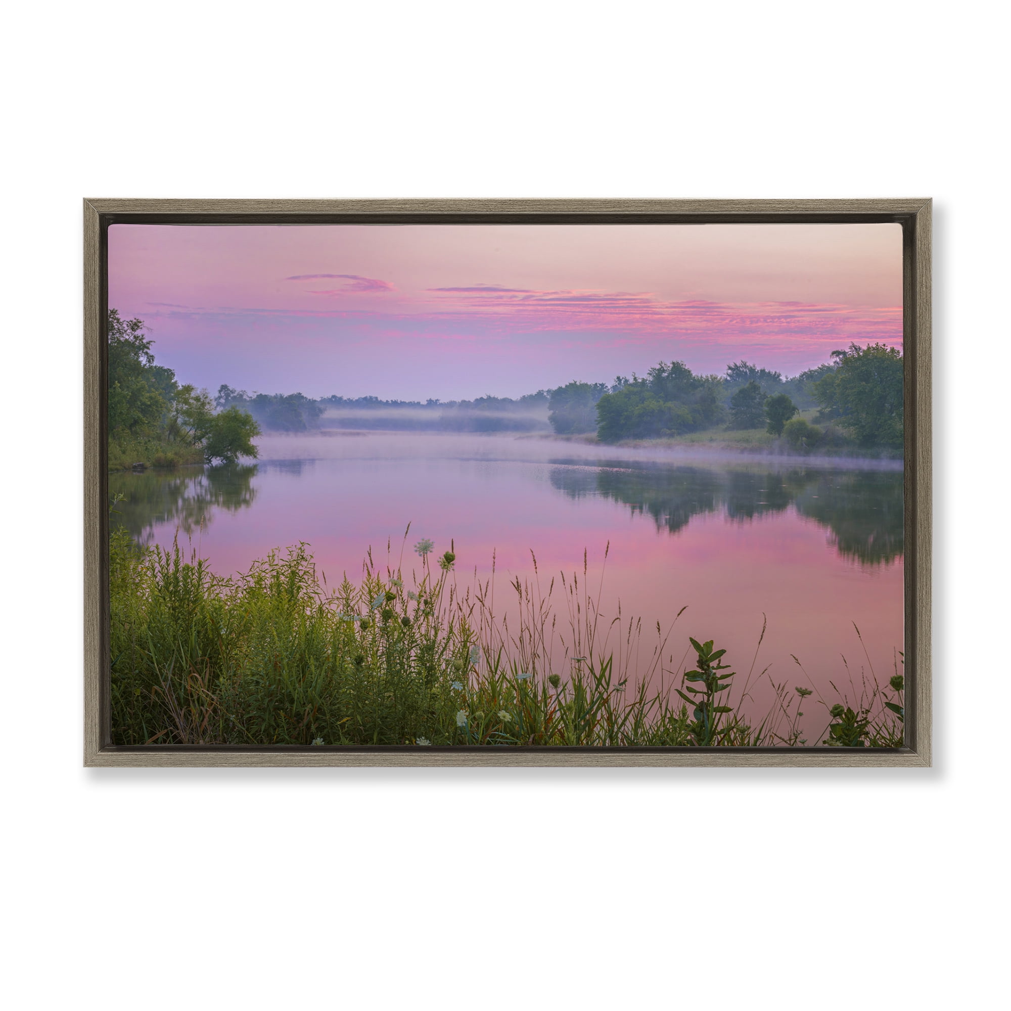 Stupell Industries Pink Dawn Sunrise Lake Landscape & Nature Photography Brown Floater Framed Canvas Art Print Wall Art, 31 x 21