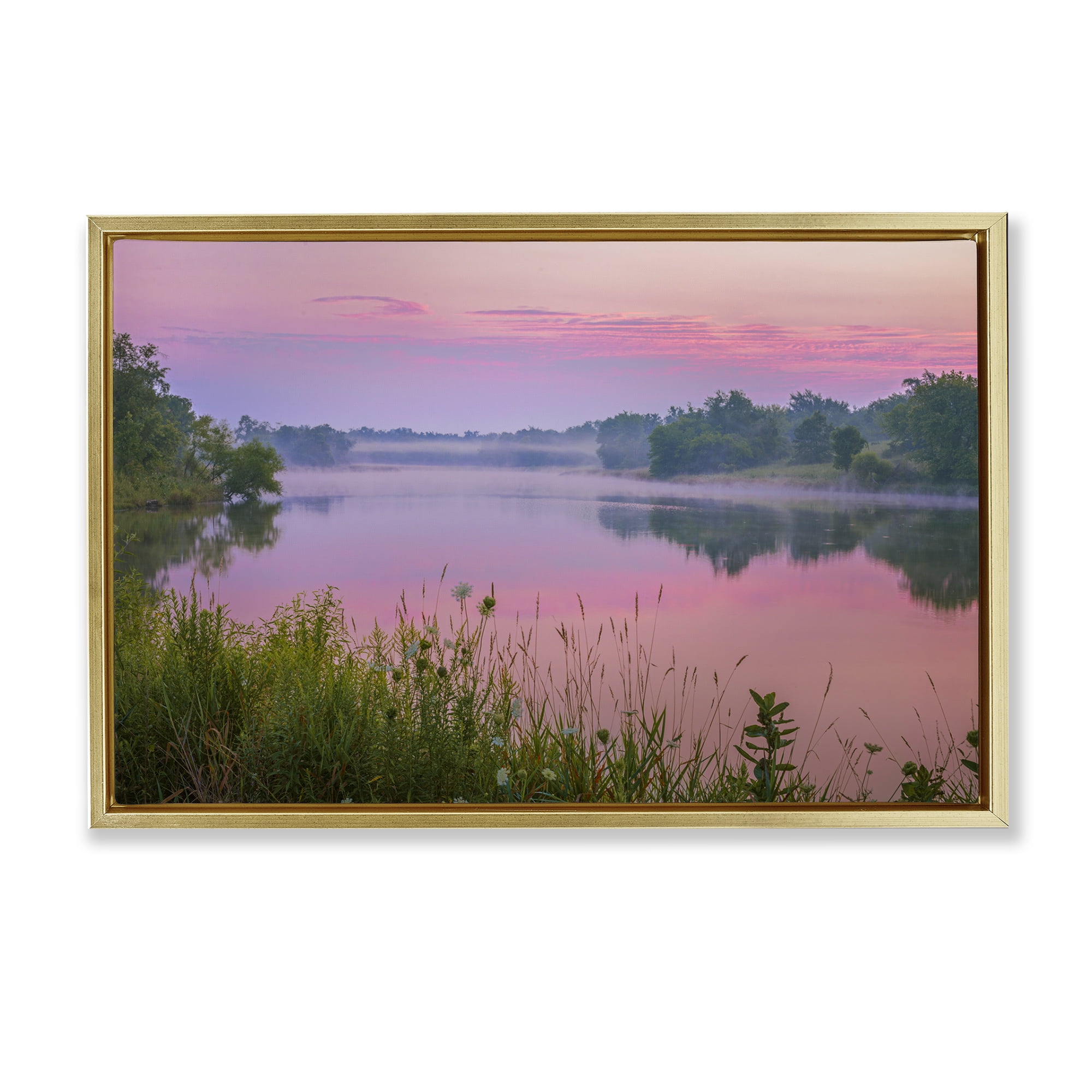 Stupell Industries Pink Dawn Sunrise Lake Landscape & Nature Photography Gold Floater Framed Canvas Art Print Wall Art, 31 x 21