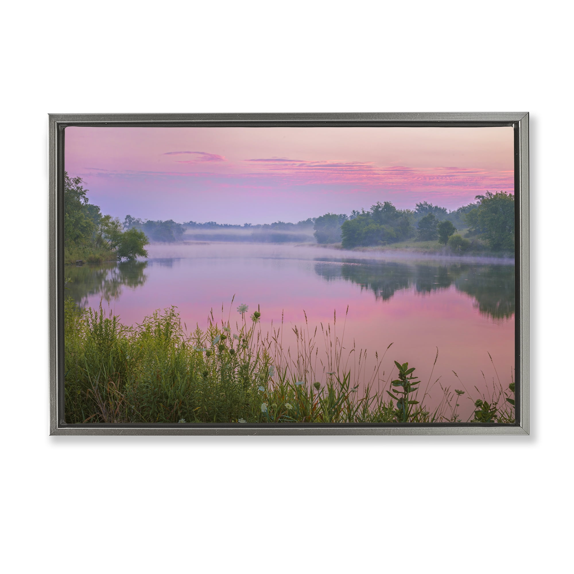 Stupell Industries Pink Dawn Sunrise Lake Landscape & Nature Photography Gray Floater Framed Canvas Art Print Wall Art, 31 x 21