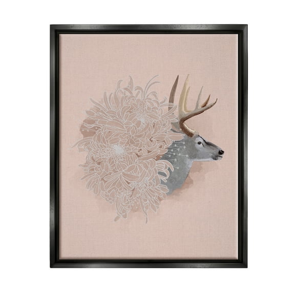 Stupell Industries Pink Deer & Mum Flower Animals & Insects Painting Black Floater Framed Canvas Art Print Wall Art, 17 x 21