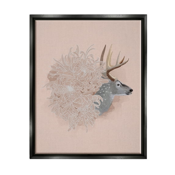 Stupell Industries Pink Deer & Mum Flower Animals & Insects Painting Black Floater Framed Canvas Art Print Wall Art, 25 x 31