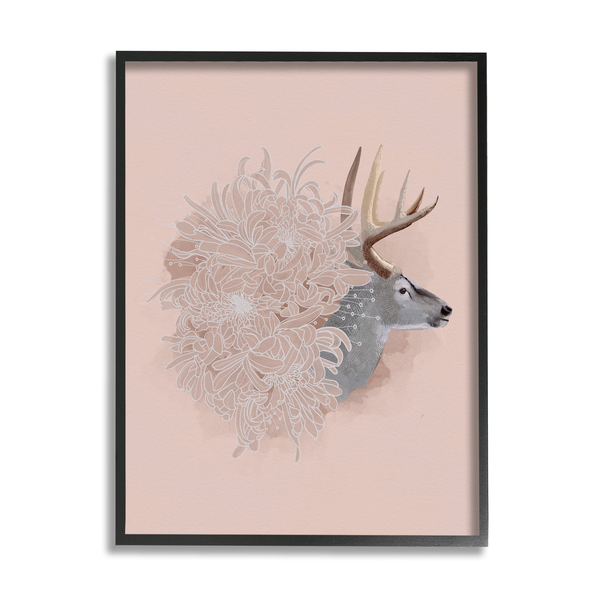 Stupell Industries Pink Deer & Mum Flower Animals & Insects Painting Black Framed Art Print Wall Art, 11 x 14