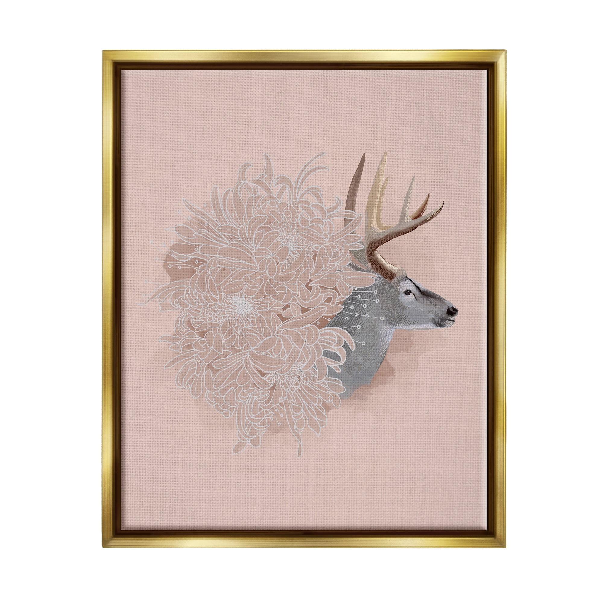 Stupell Industries Pink Deer & Mum Flower Animals & Insects Painting Gold Floater Framed Canvas Art Print Wall Art, 17 x 21