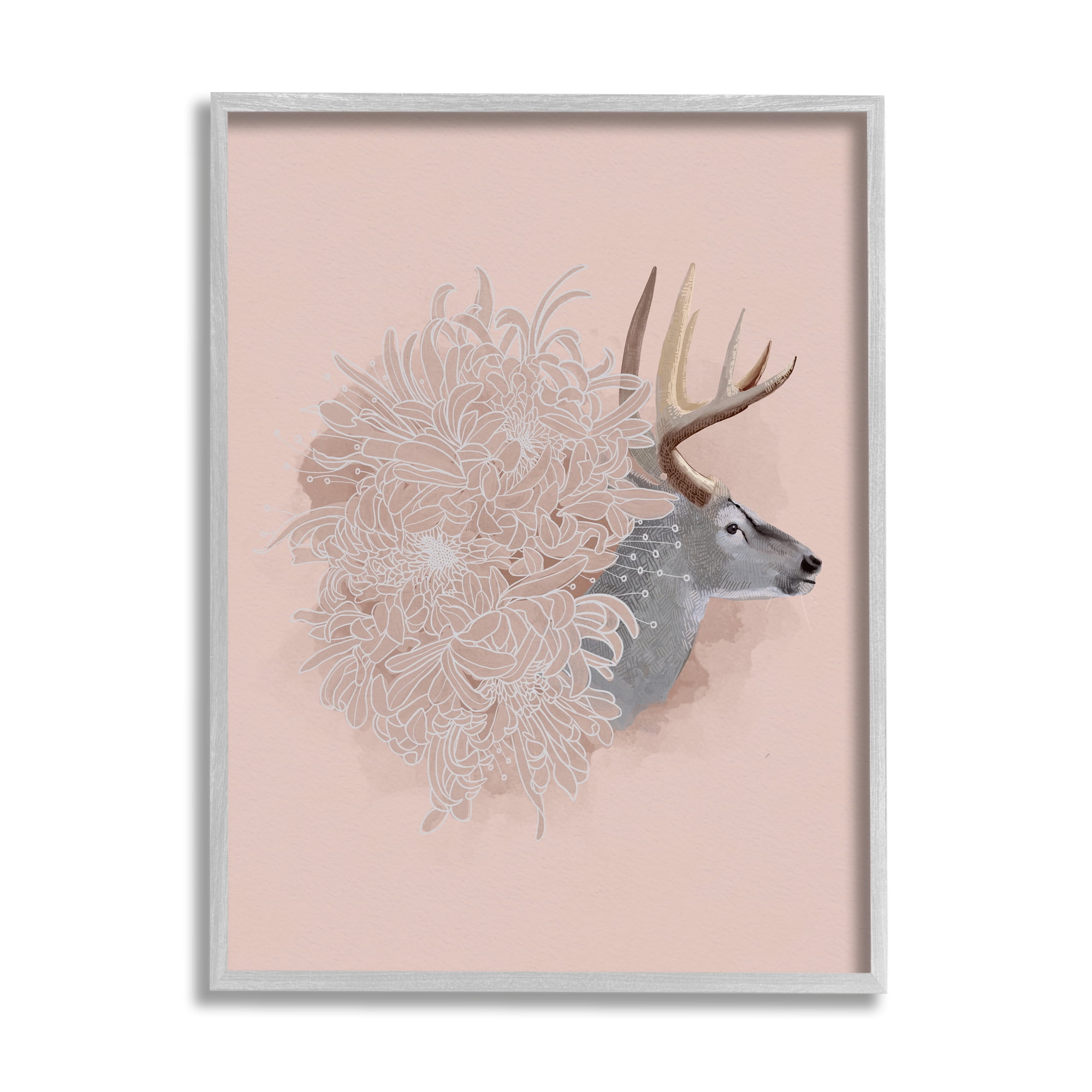 Stupell Industries Pink Deer & Mum Flower Animals & Insects Painting Gray Framed Art Print Wall Art, 24 x 30