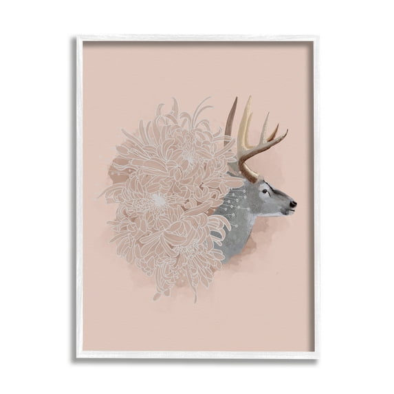 Stupell Industries Pink Deer & Mum Flower Animals & Insects Painting White Framed Art Print Wall Art, 11 x 14