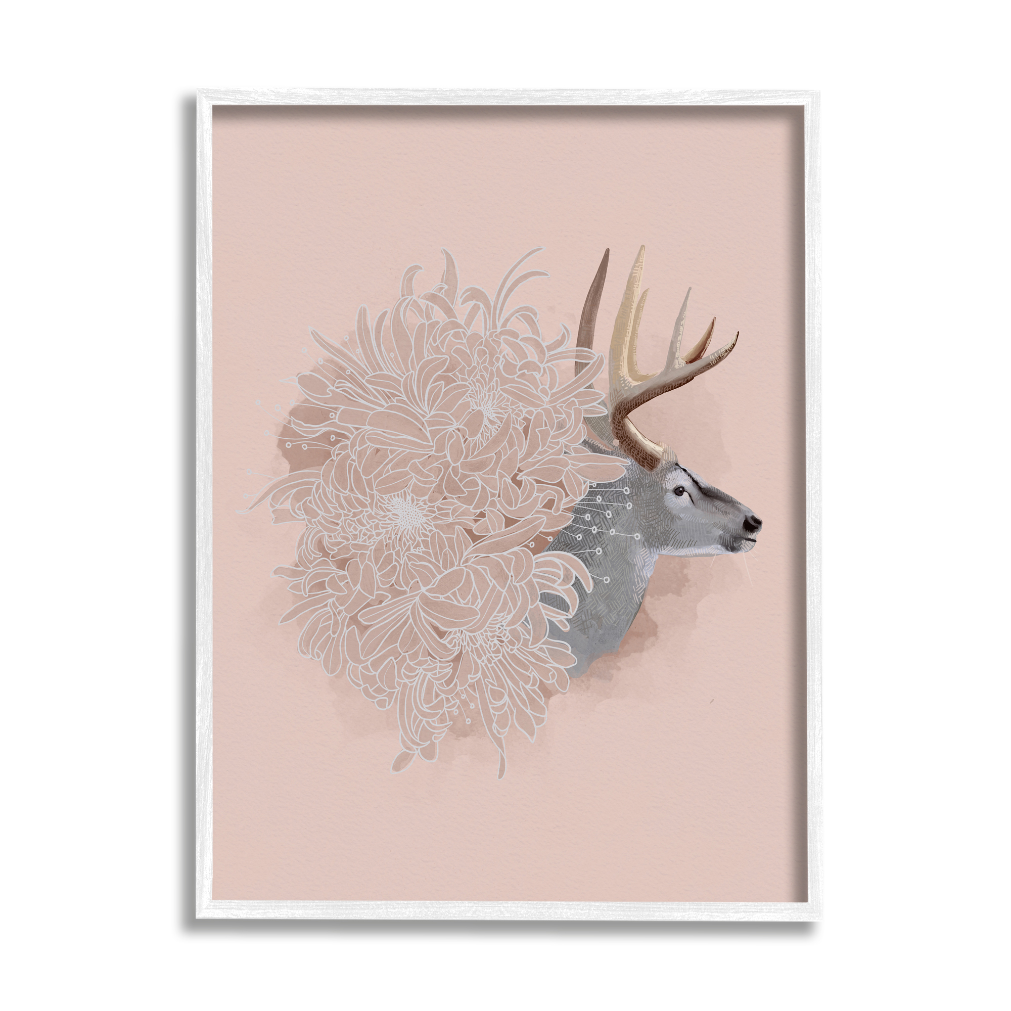 Stupell Industries Pink Deer & Mum Flower Animals & Insects Painting White Framed Art Print Wall Art, 24 x 30