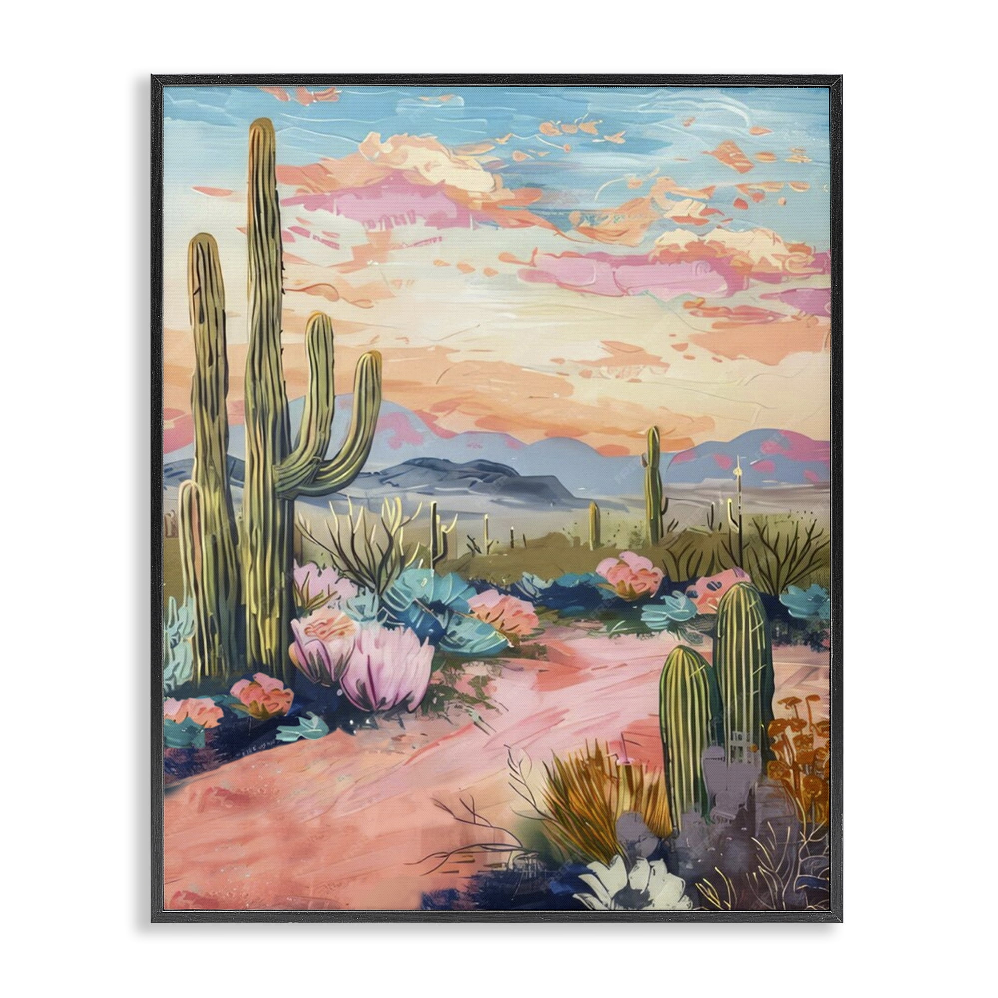 Stupell Industries Pink Desert Sunset Landscape & Nature Painting Black Framed Art Print Wall Art, 24 x 30