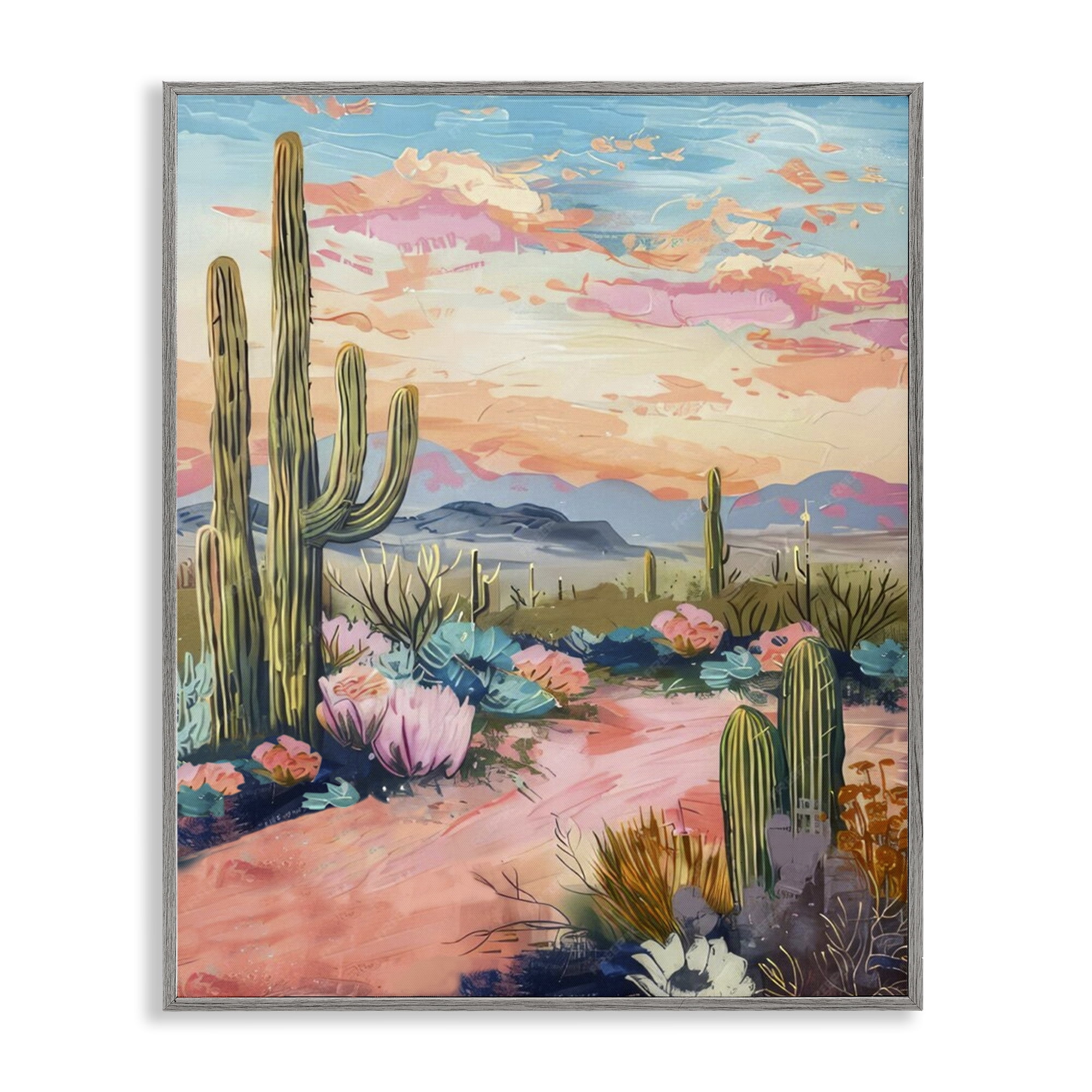 Stupell Industries Pink Desert Sunset Landscape & Nature Painting Gray Framed Art Print Wall Art, 24 x 30