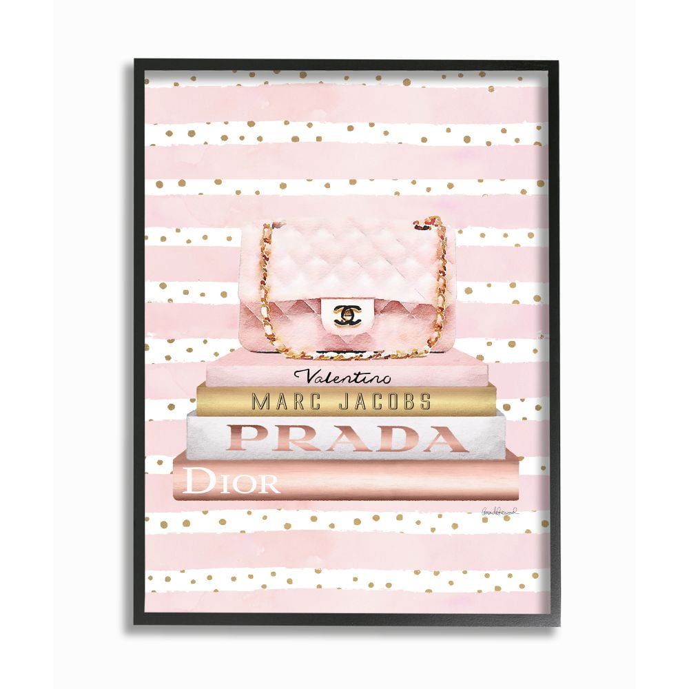 Pink Designer Bag on Fashion Bookstack Canvas Wall Art with Black Frame
