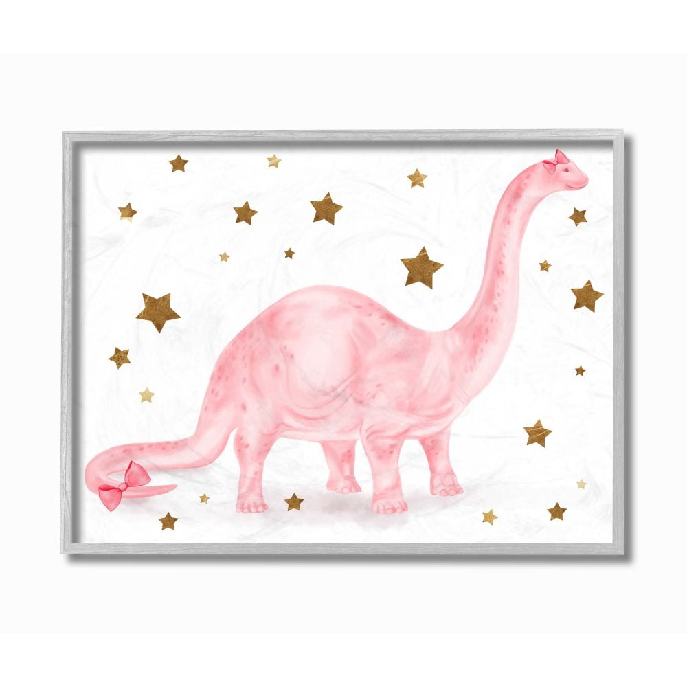 Stupell Industries Pink Dinosaur Gold Stars Kids Design Framed Wall Art by Daphne Polselli