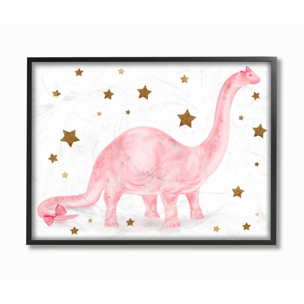 Stupell Industries Pink Dinosaur Gold Stars Kids Design Framed Wall Art by Daphne Polselli