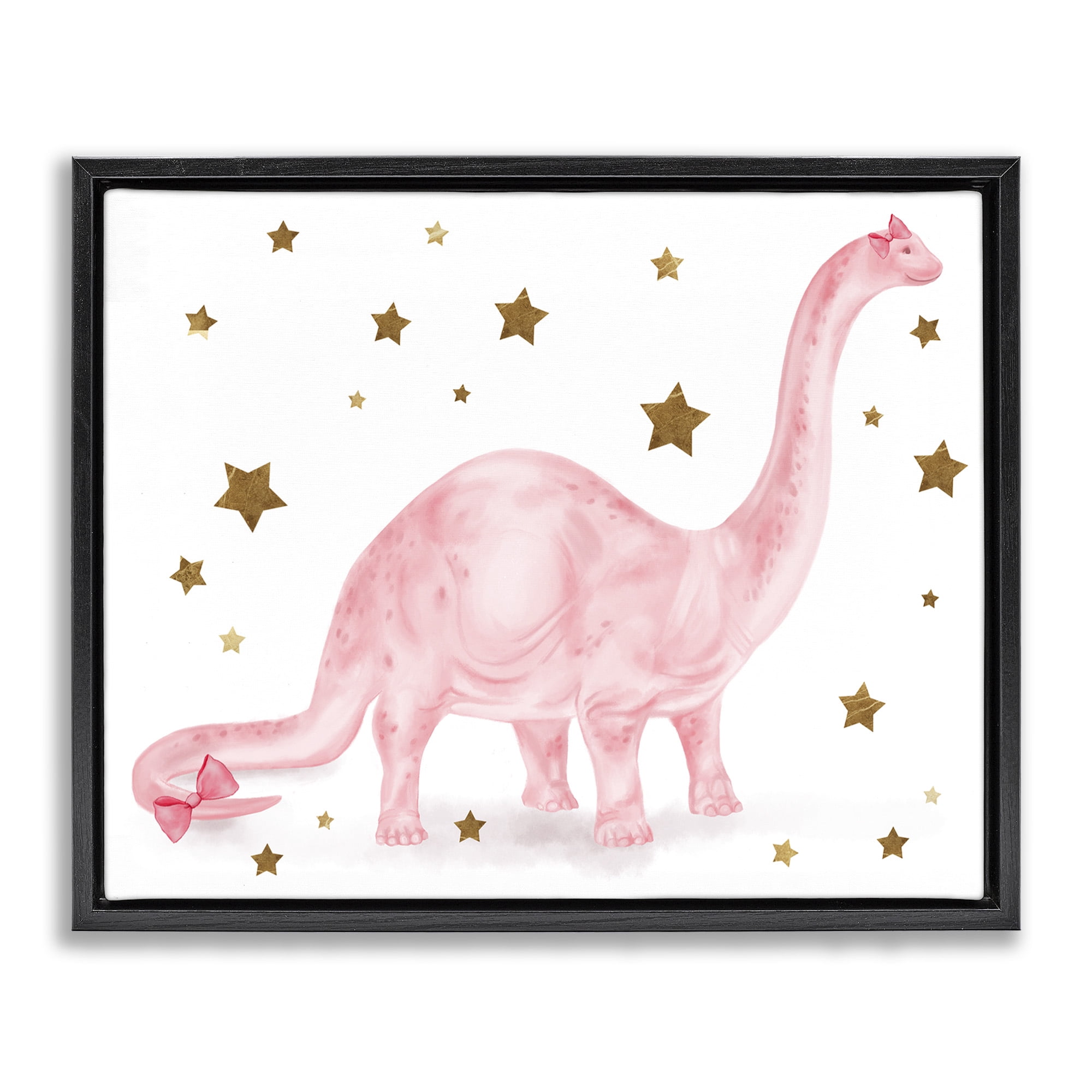 Stupell Industries Pink Dinosaur with Gold Stars Animals & Insects Painting Black Floater Framed Canvas Art Print Wall Art, 31 x 25