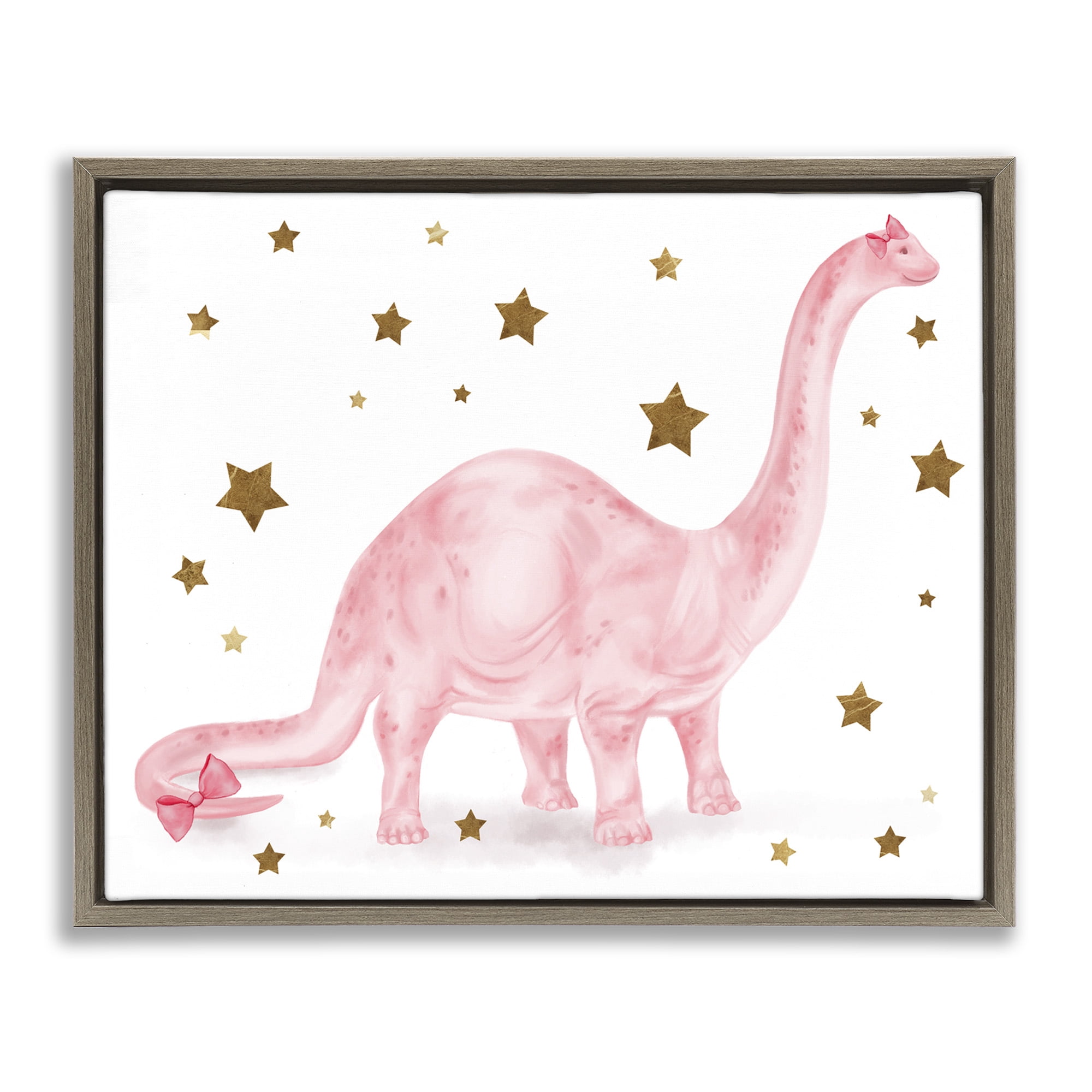 Stupell Industries Pink Dinosaur with Gold Stars Animals & Insects Painting Brown Floater Framed Canvas Art Print Wall Art, 31 x 25
