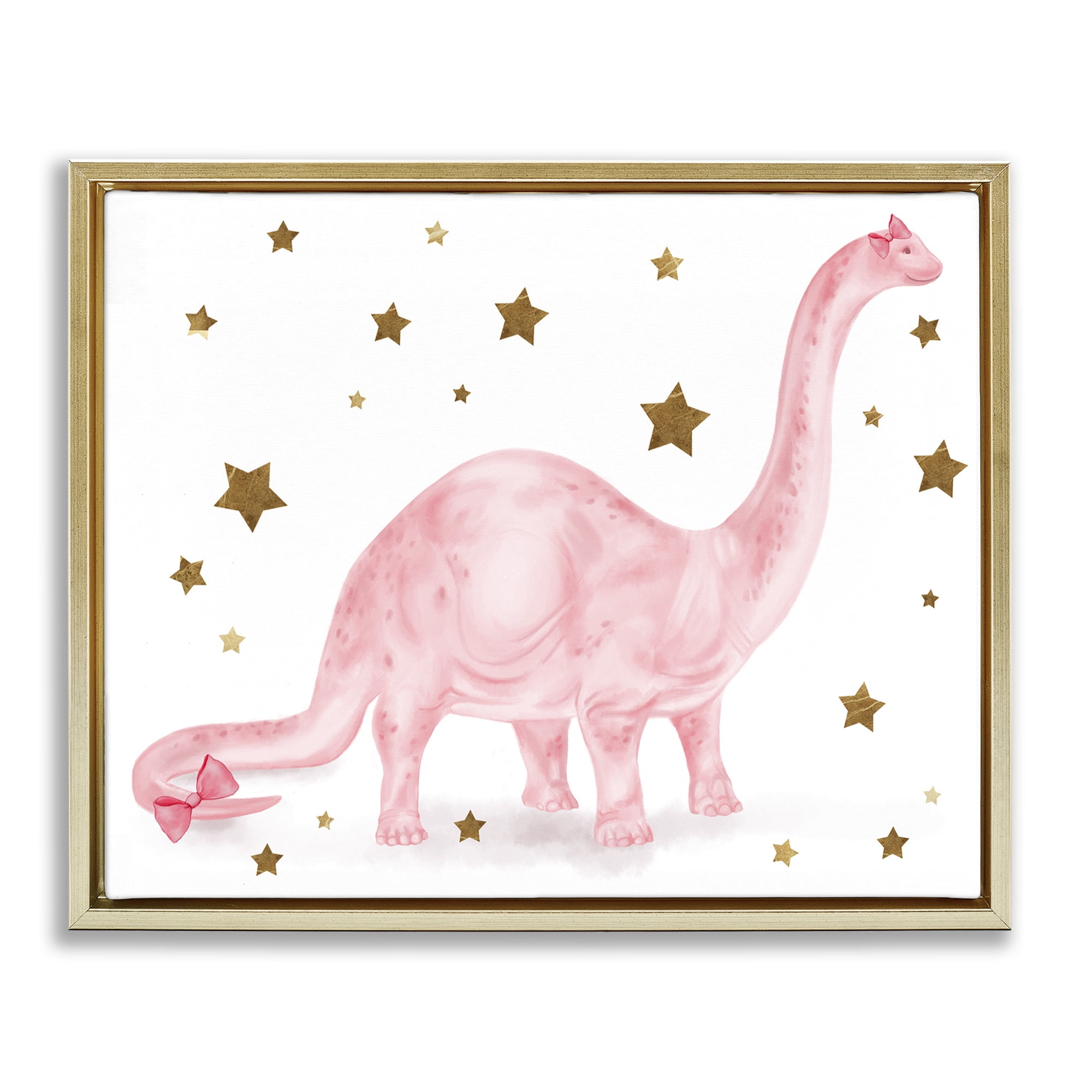 Stupell Industries Pink Dinosaur with Gold Stars Animals & Insects Painting Gold Floater Framed Canvas Art Print Wall Art, 21 x 17