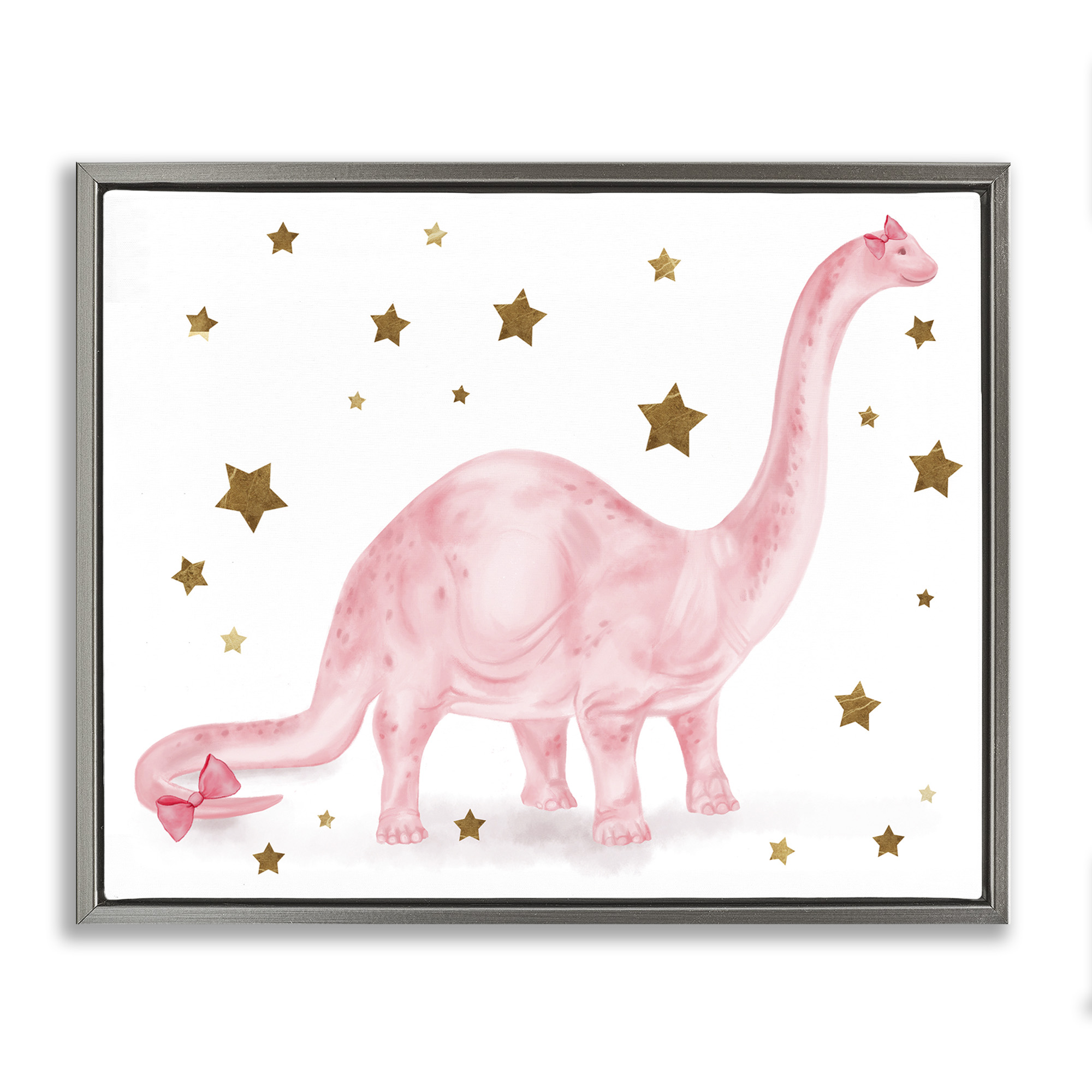 Stupell Industries Pink Dinosaur with Gold Stars Animals & Insects Painting Gray Floater Framed Canvas Art Print Wall Art, 21 x 17