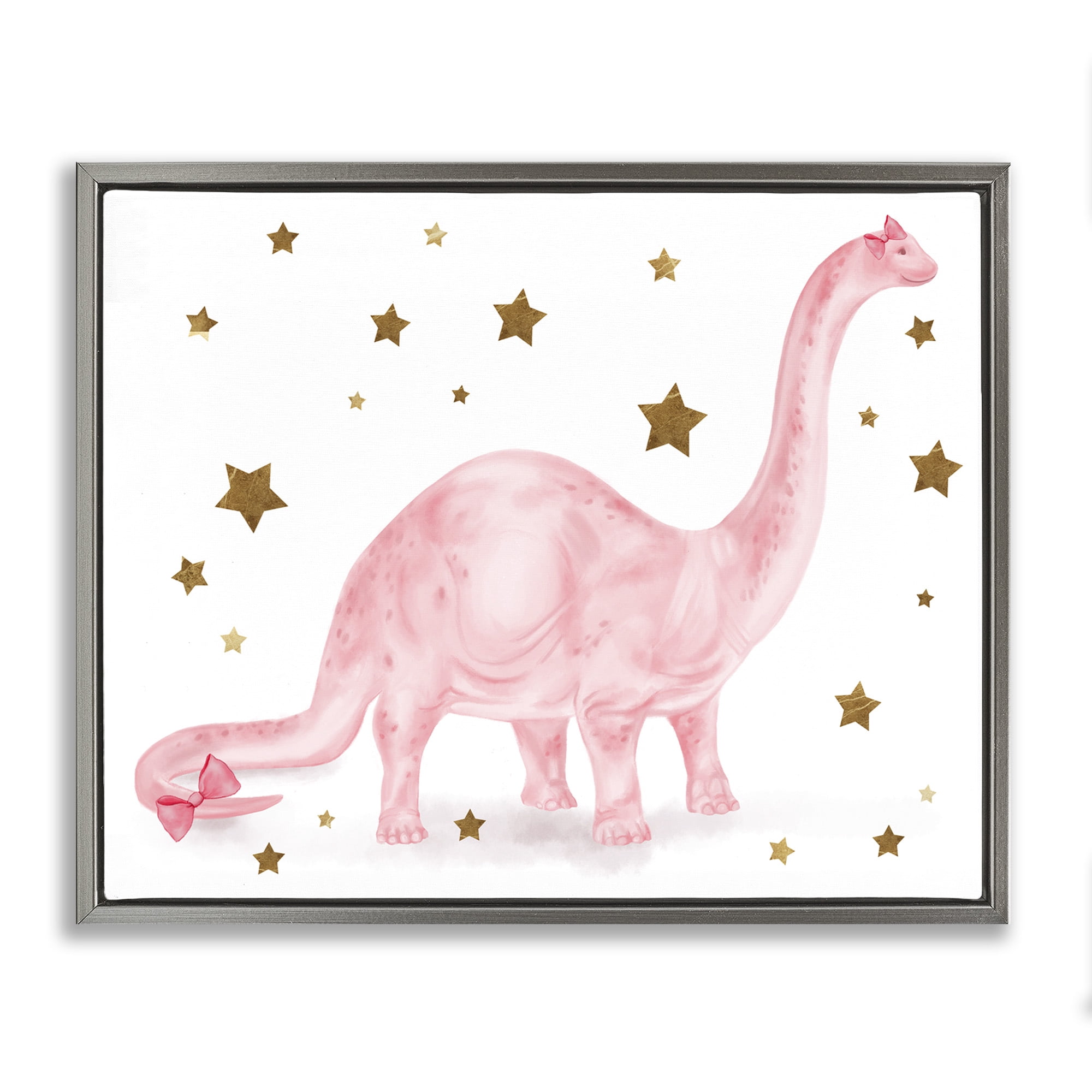Stupell Industries Pink Dinosaur with Gold Stars Animals & Insects Painting Gray Floater Framed Canvas Art Print Wall Art, 31 x 25