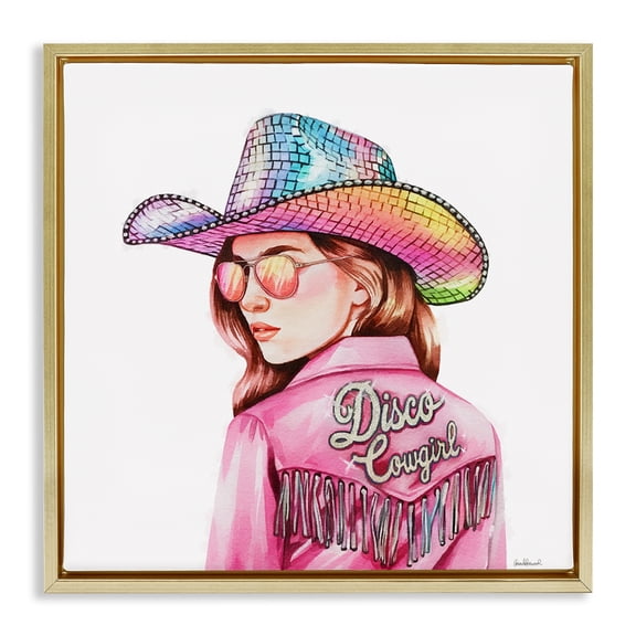 Stupell Industries Pink Disco Cowgirl People Painting Gold Floater Framed Canvas Art Print Wall Art, 18 x 18