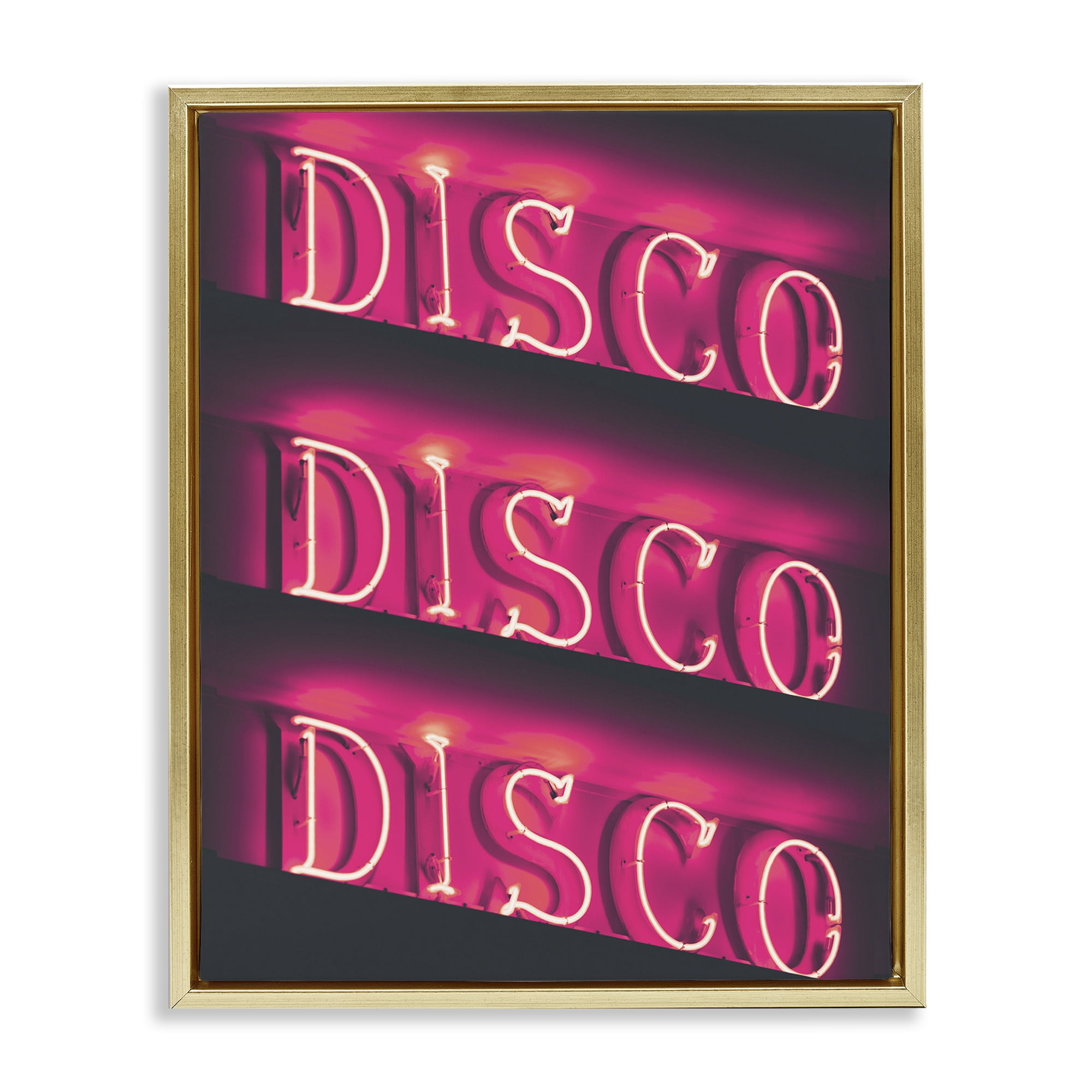 Stupell Industries Pink Disco Neon Lights Typography Painting Gold Floater Framed Art Print Wall Art, 25 x 31