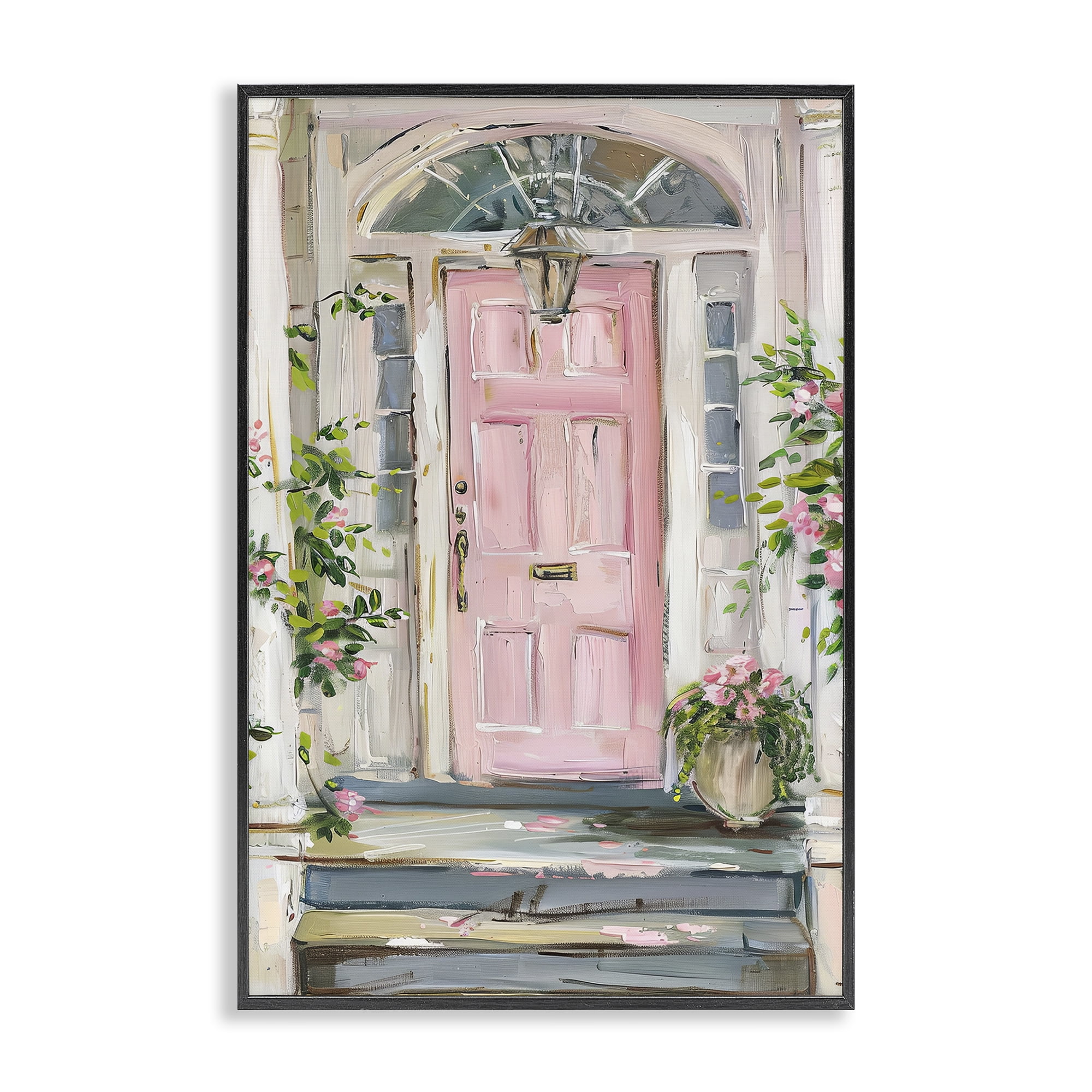 Stupell Industries Pink Door Welcome Town & City Painting Black Framed Art Print Wall Art, 12 x 18